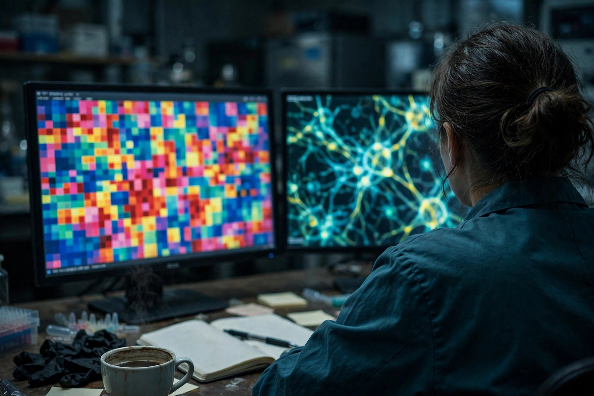 A neuroscientist studying gene-expression heat maps and brain-cell data on monitors in a dim genomics laboratory, seen from over the shoulder (illustrative image)
