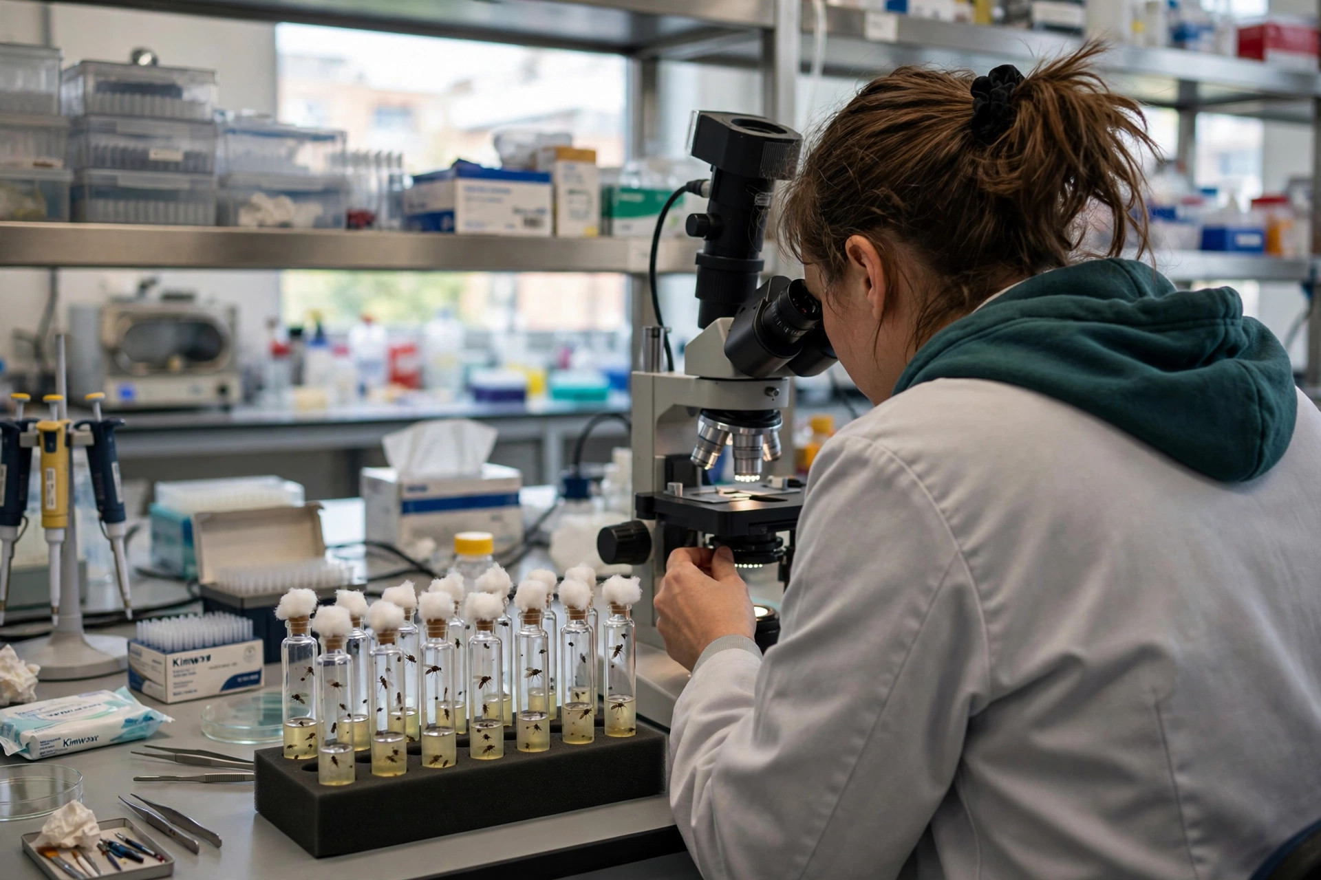 A developmental-biology researcher in a bright laboratory examining fruit fly vials under a stereomicroscope (illustrative image)