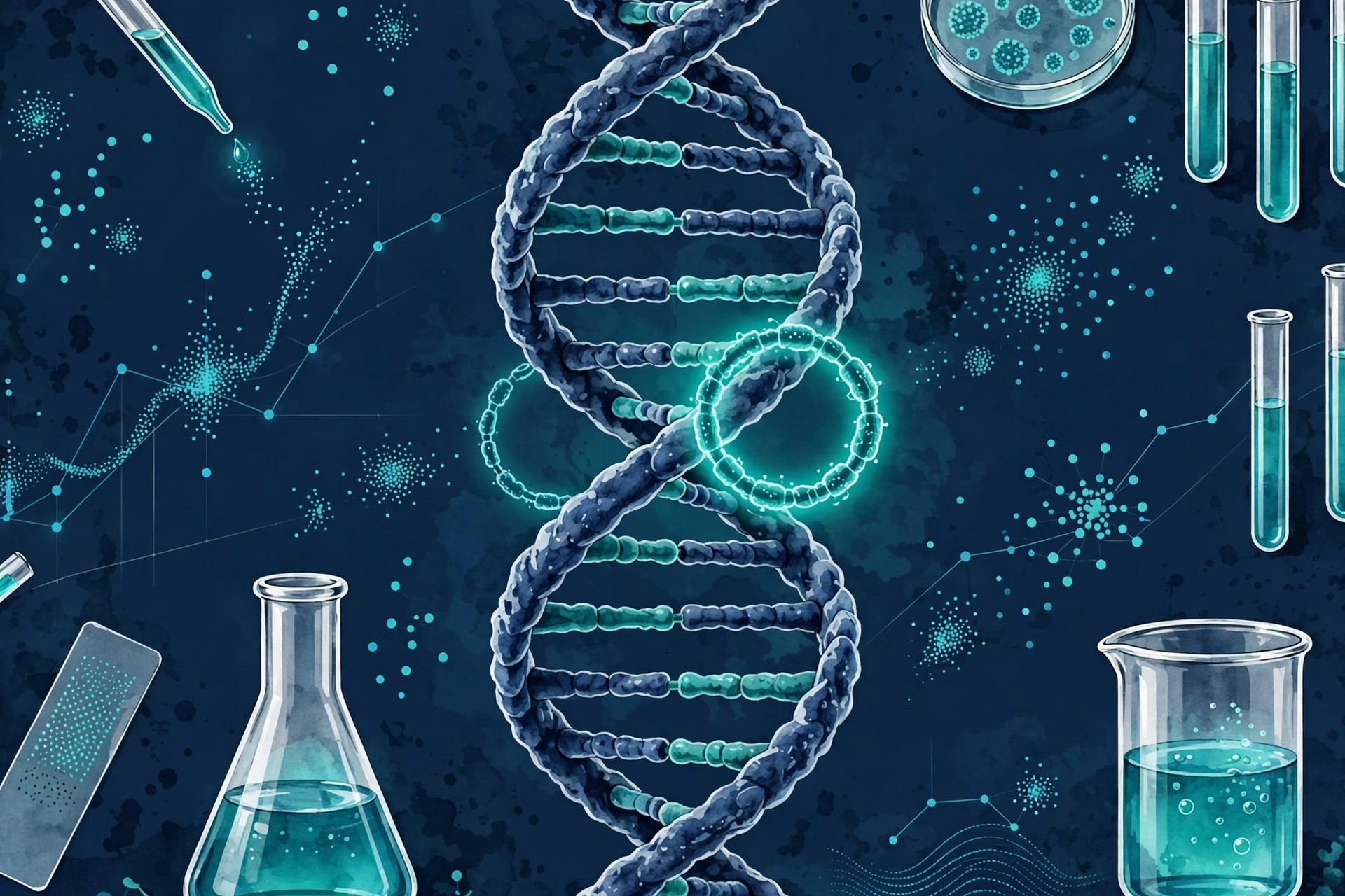 Editorial illustration of mitochondrial DNA highlighted within a DNA double helix surrounded by sequencing data