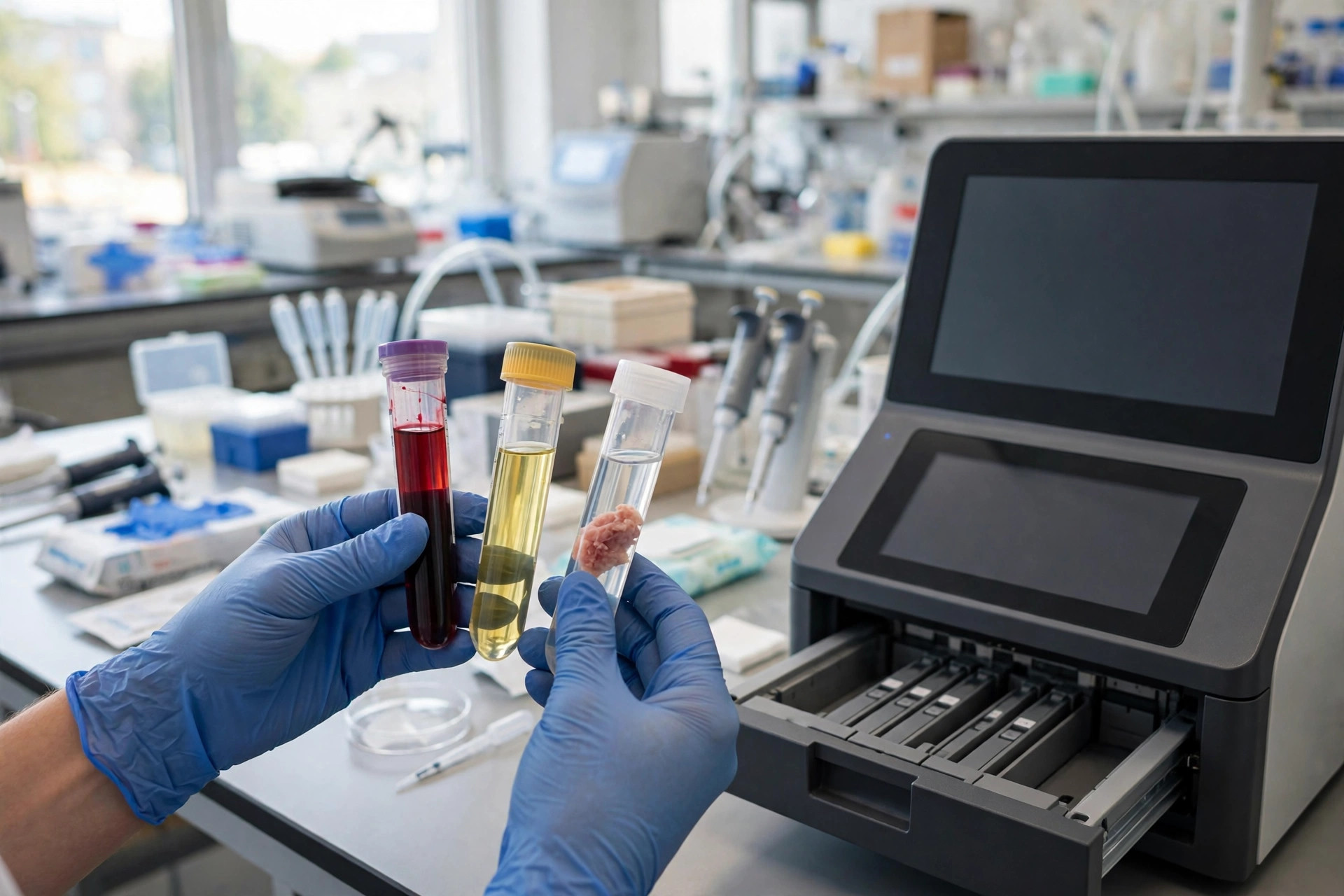 A clinical laboratory technician's gloved hands holding blood, urine and muscle tissue sample tubes beside a DNA sequencing machine in a bright diagnostics laboratory (illustrative image)