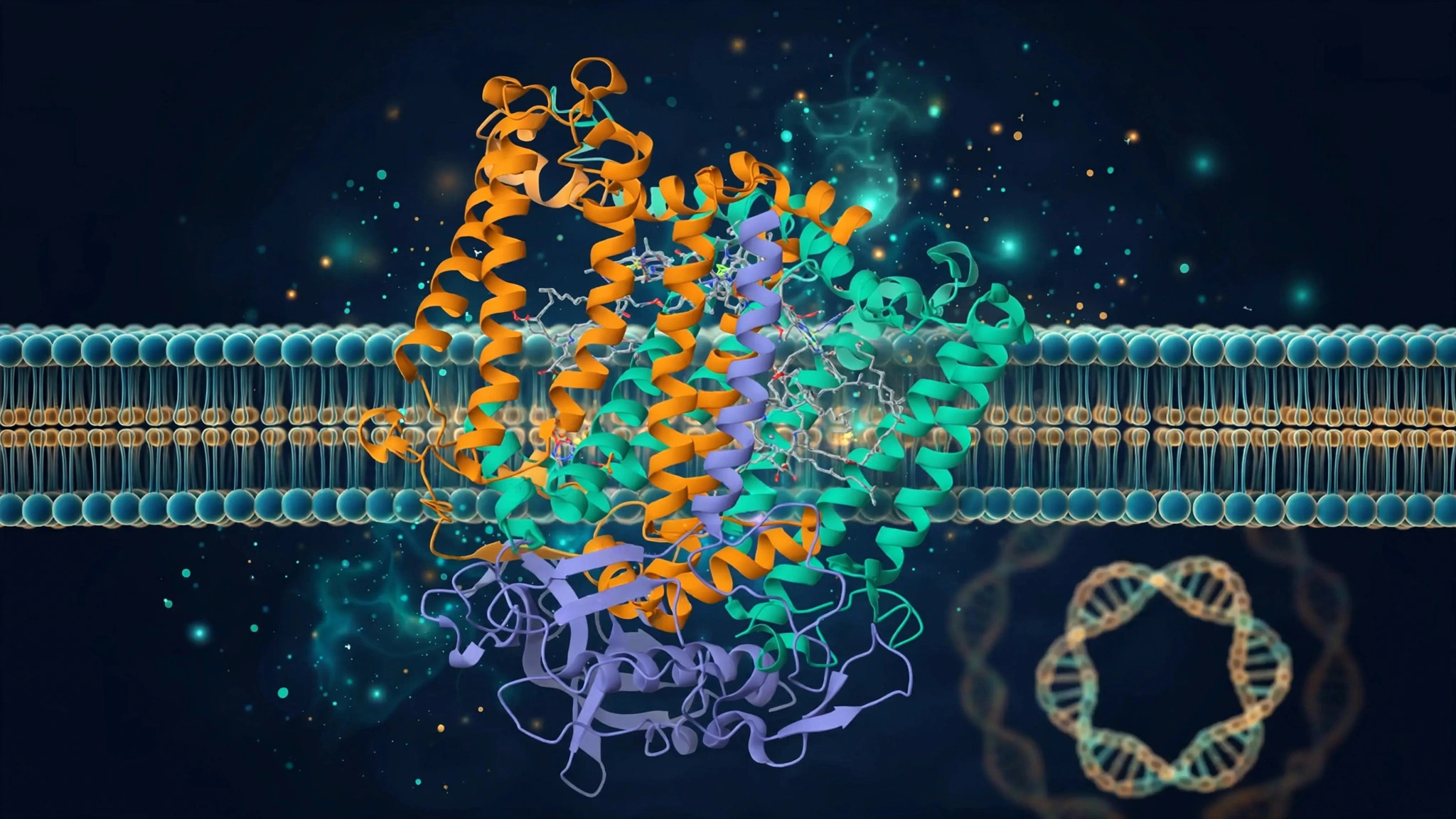 Editorial illustration of mitochondrial respiratory complex III with a stylized genetic map motif