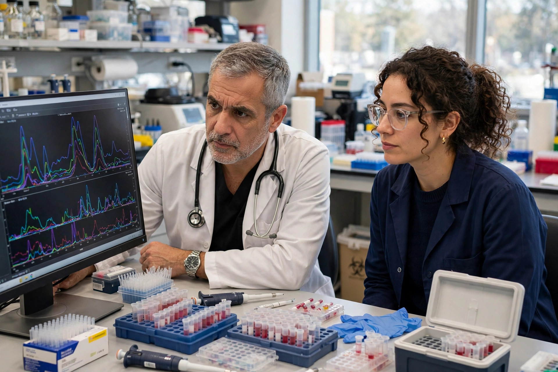 An oncologist and a researcher in a bright cancer-center laboratory reviewing sequencing results on a monitor beside sample trays (illustrative image)