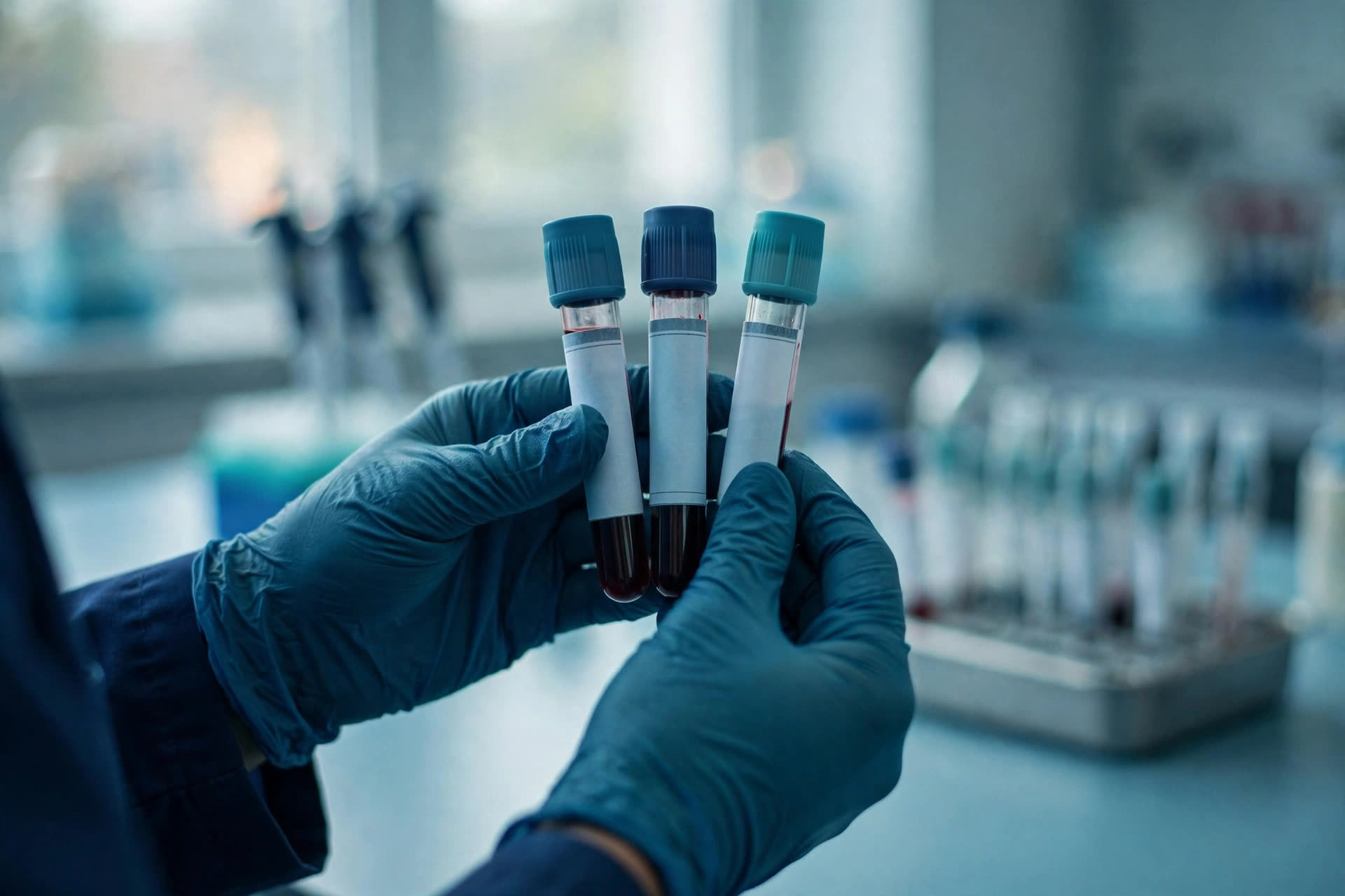Gloved hands holding blood collection tubes in a clinical laboratory (illustrative photo)