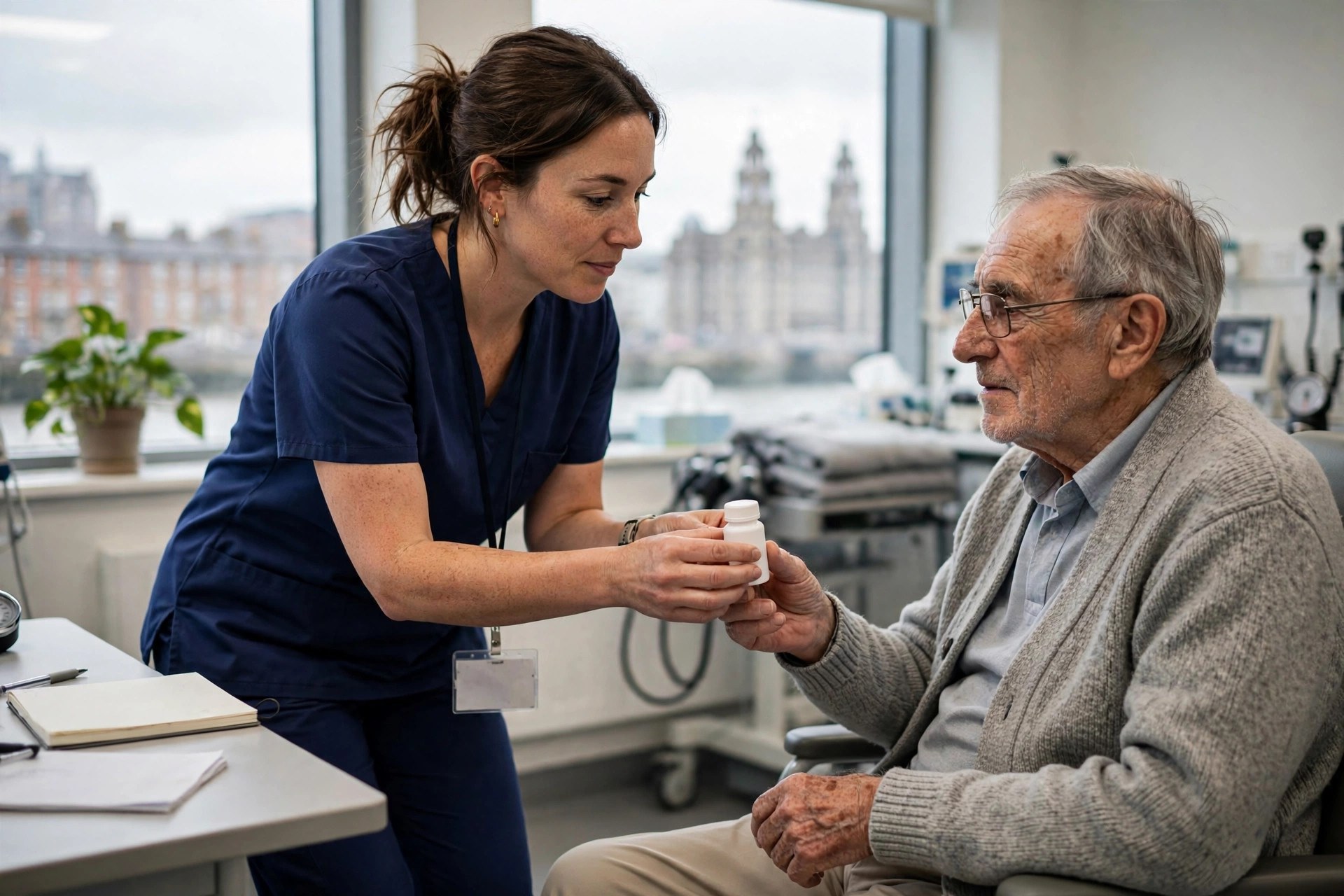 A clinical trial nurse handing a plain unlabeled pill bottle to an older patient in a bright university hospital research clinic (illustrative image)