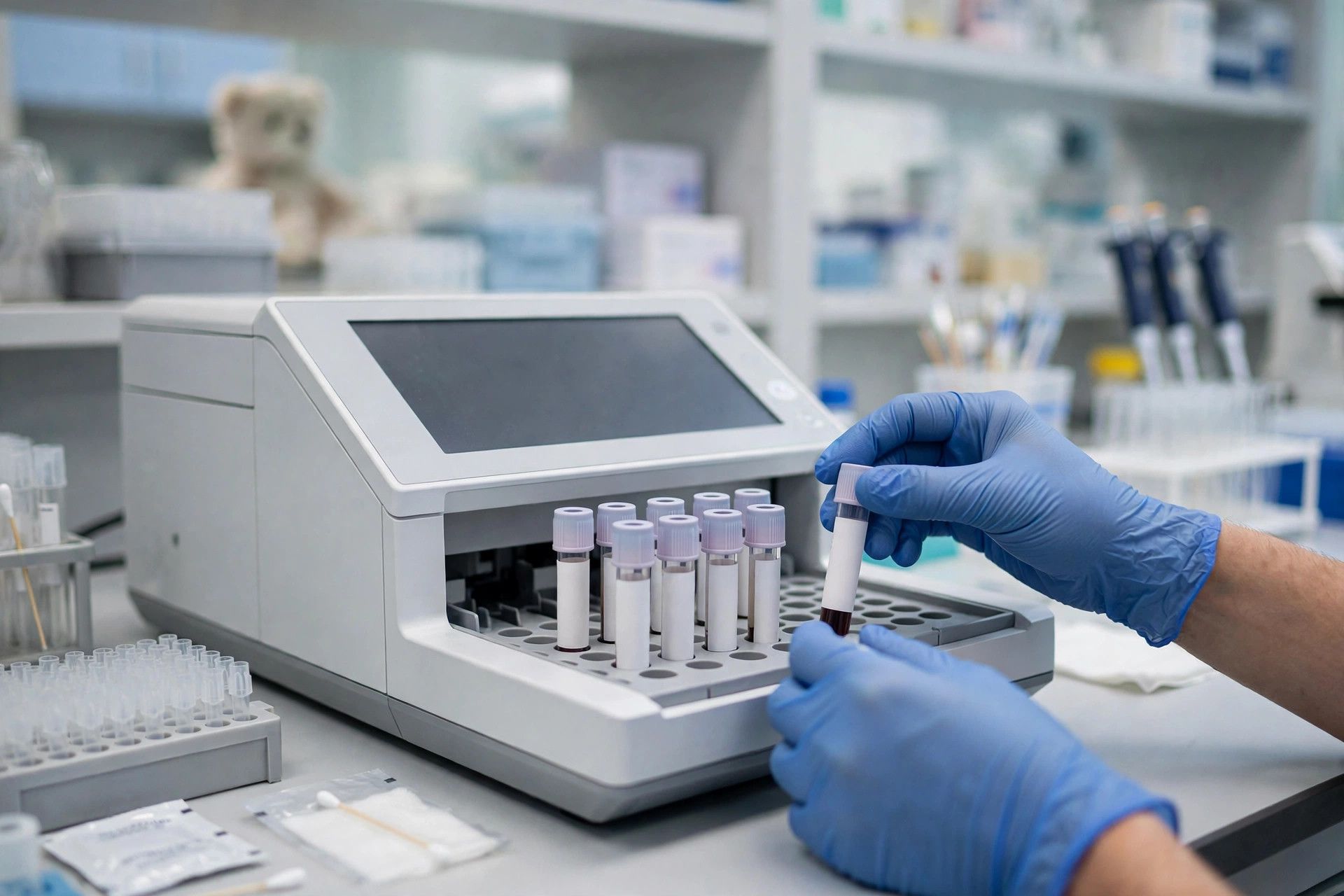 A laboratory technician's gloved hands placing small blood sample tubes into a benchtop analyzer in a bright pediatric diagnostics laboratory (illustrative image)