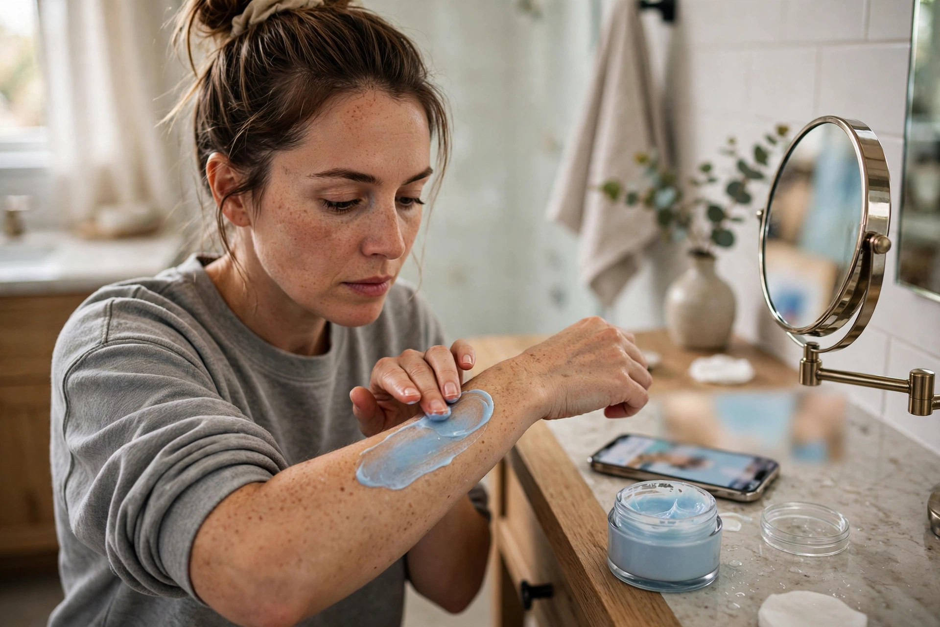 A woman at a bathroom vanity applying a blue-tinted body cream to her forearm, an unlabeled cosmetic jar and a smartphone with a blurred advertisement beside her (illustrative image)