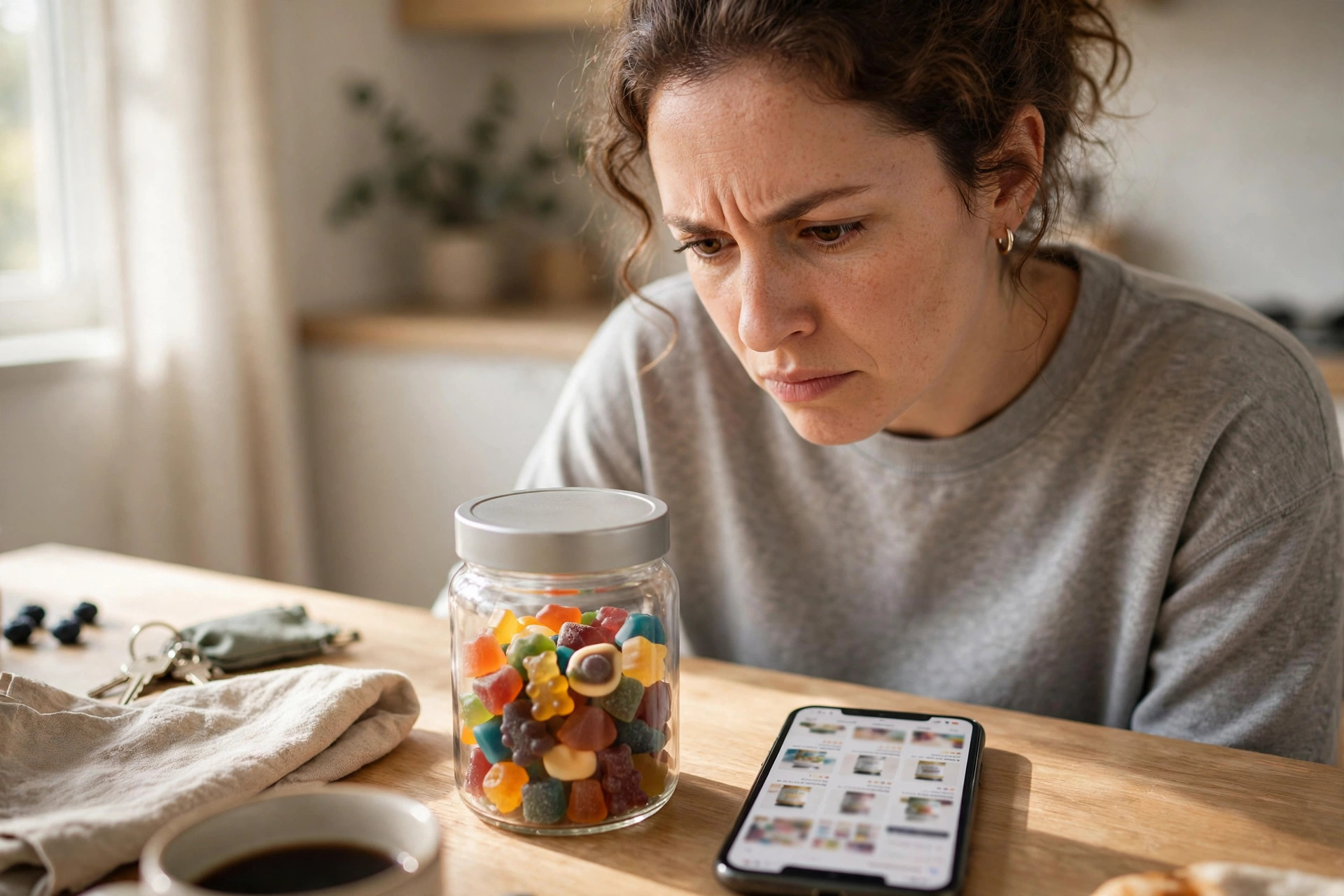 A consumer at a bright kitchen table looking skeptically at a jar of colorful supplement gummies beside a smartphone (illustrative image)