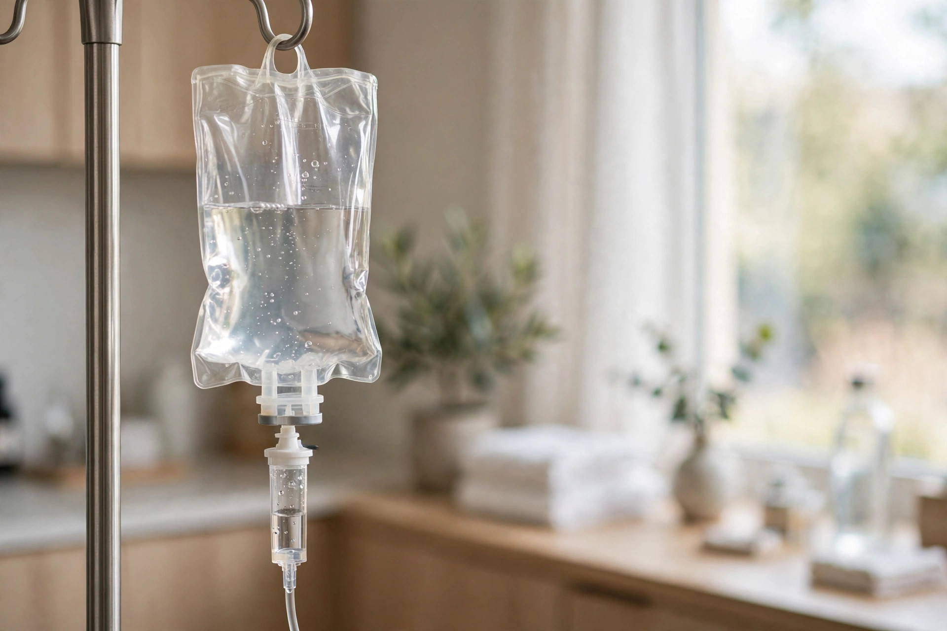 IV drip bag with clear infusion fluid hanging in a bright modern wellness clinic; illustrative only
