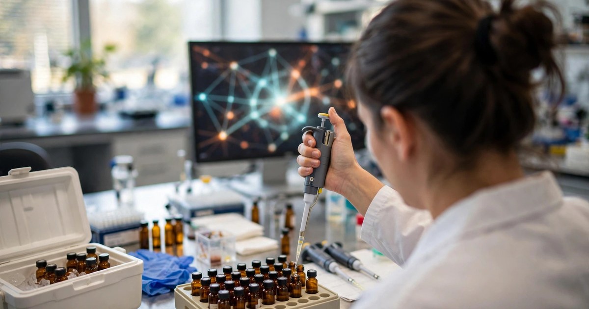 Illustrative photo: a scientist in a modern longevity research laboratory uses a pipette over a tray of small amber sample vials, seen from over the shoulder — NAD+ research is active, but outcome evidence in healthy people is still catching up.