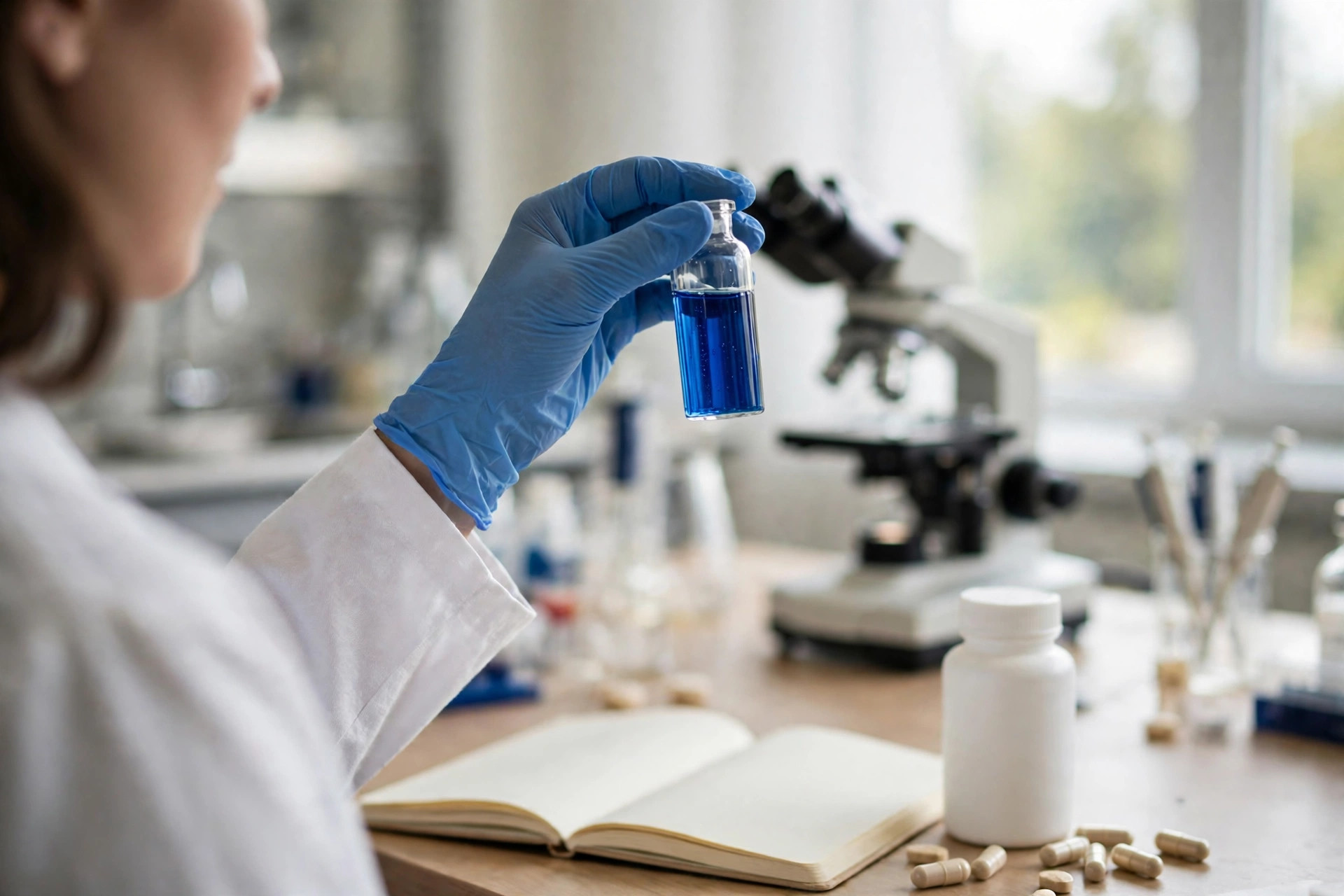 A researcher in a laboratory holds up a vial of deep-blue methylene blue solution (illustrative photo)