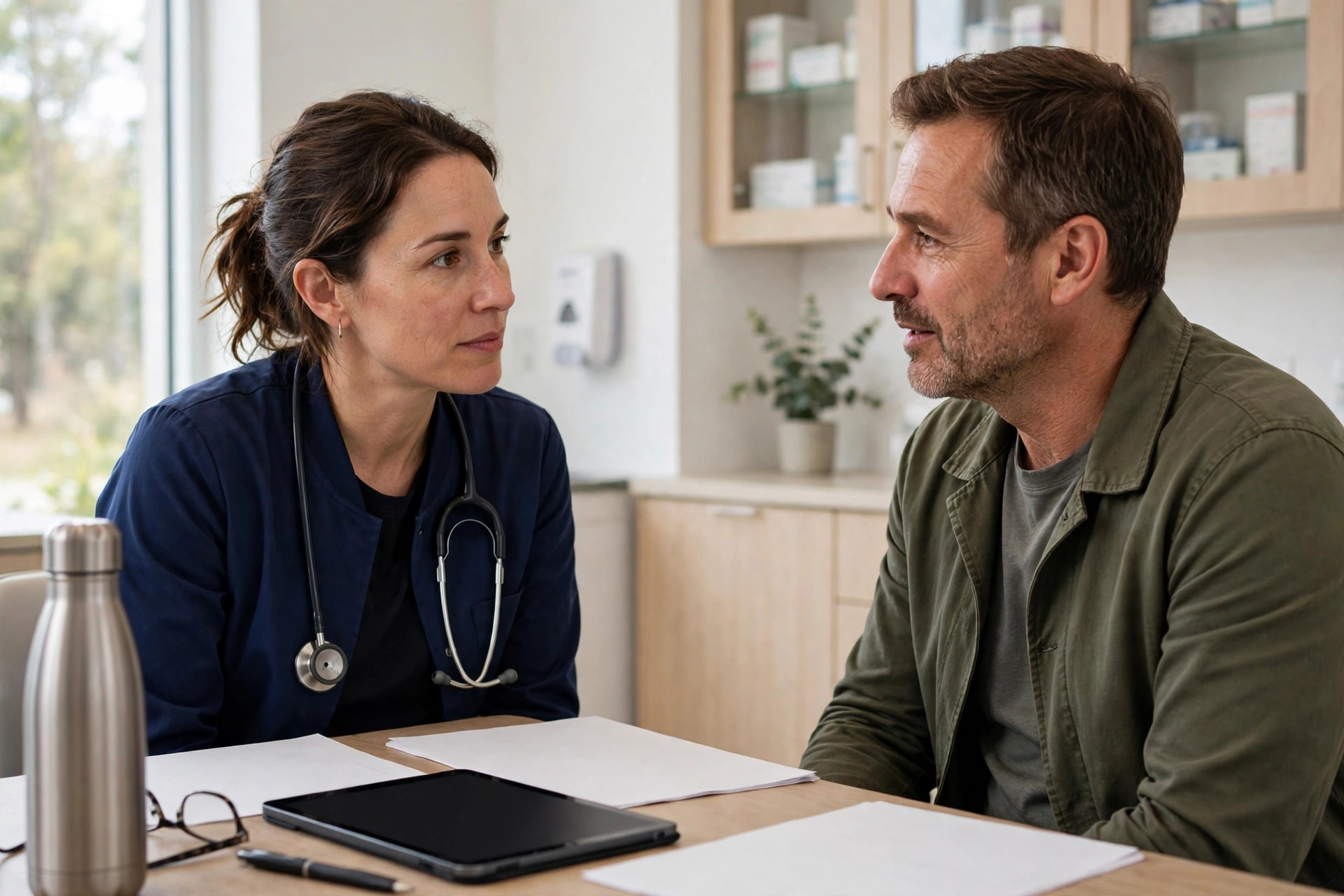 A clinician and an adult patient talking together in a bright modern clinical trial consultation room, paperwork and a tablet on the table between them (illustrative image)