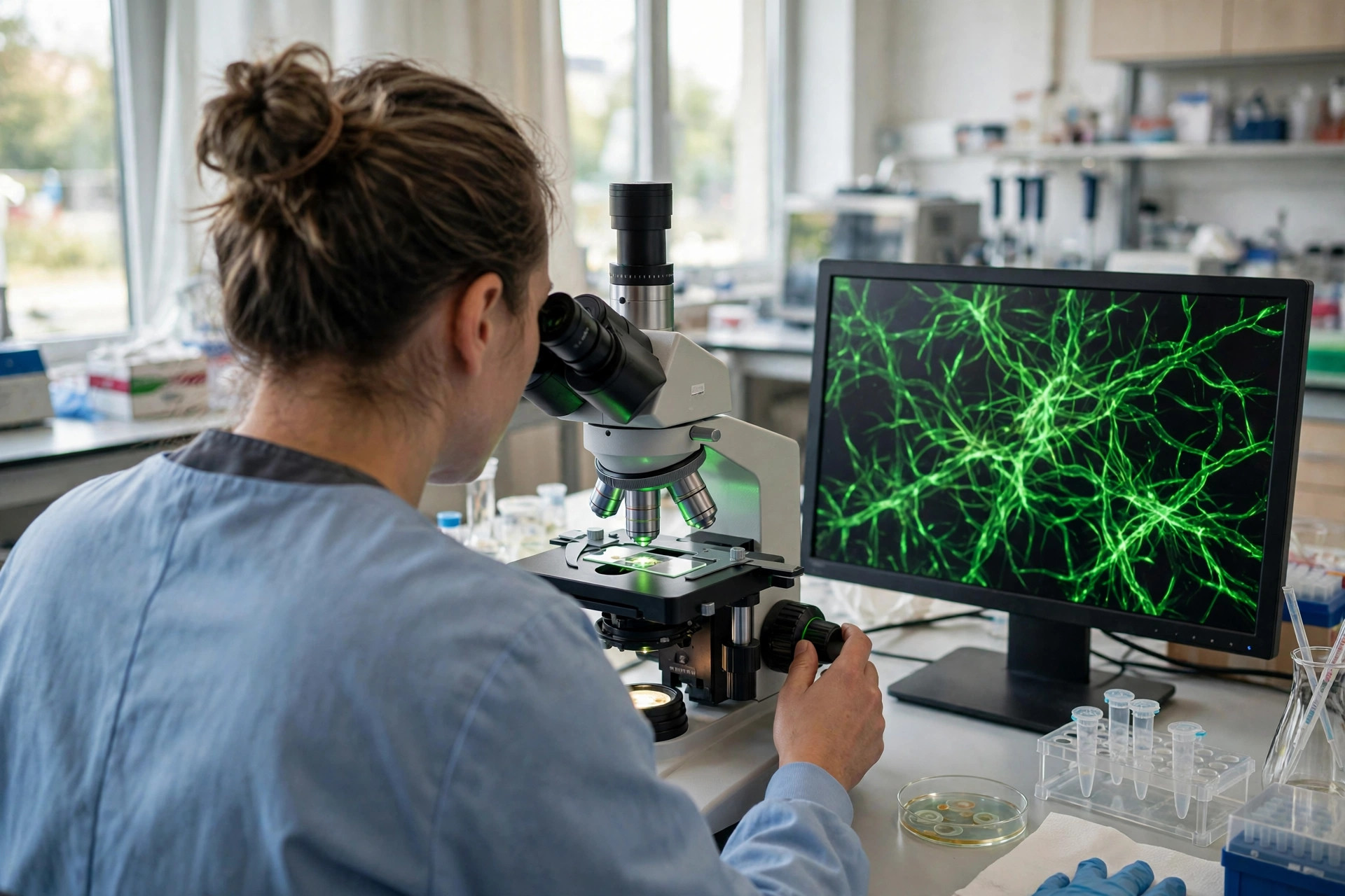 A fertility researcher in a bright laboratory viewing ovarian granulosa cells under a fluorescence microscope, glowing mitochondrial networks visible on a monitor (illustrative image)