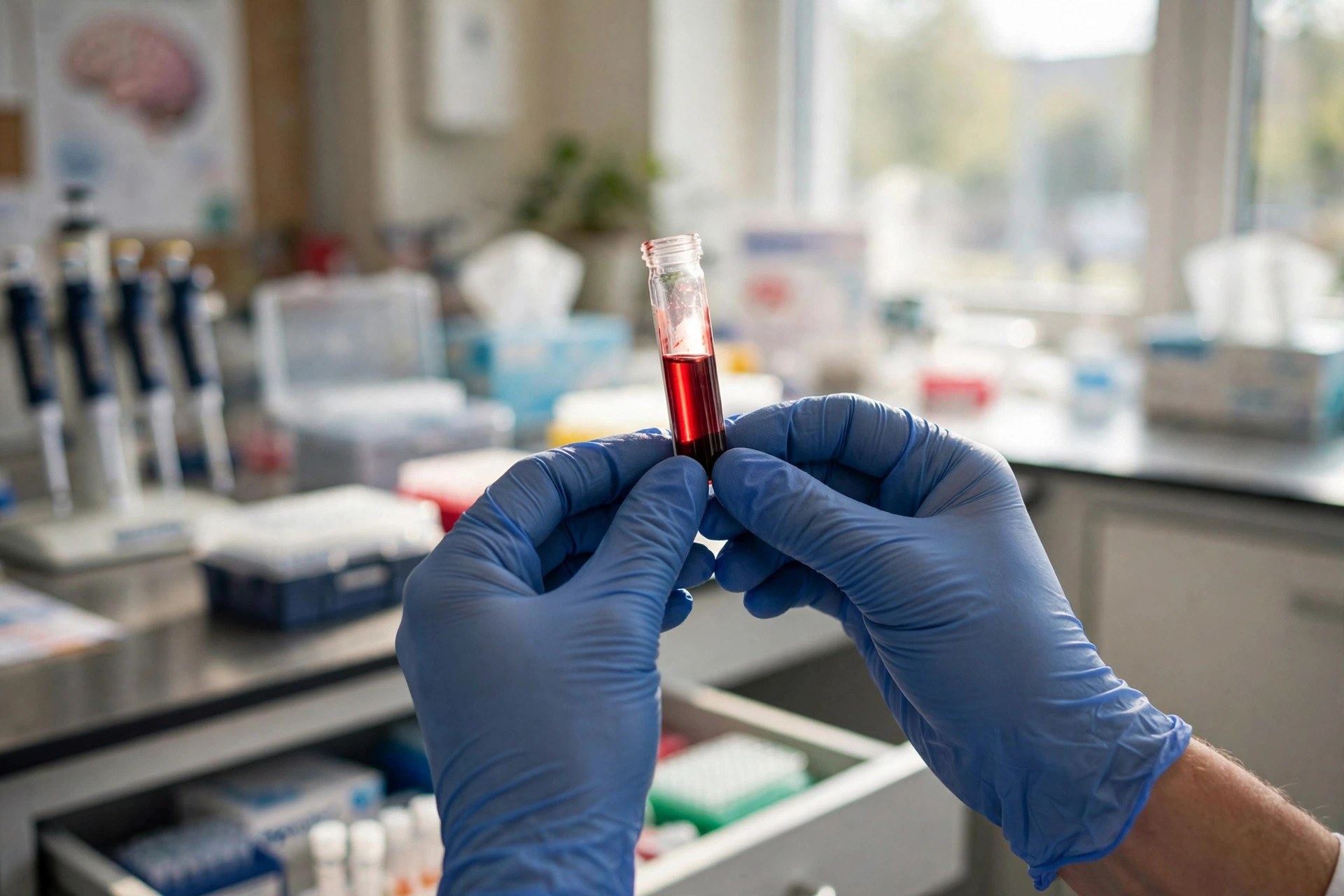 A laboratory technician's gloved hands holding a small blood sample vial up to the light in a bright clinical diagnostics laboratory (illustrative image)