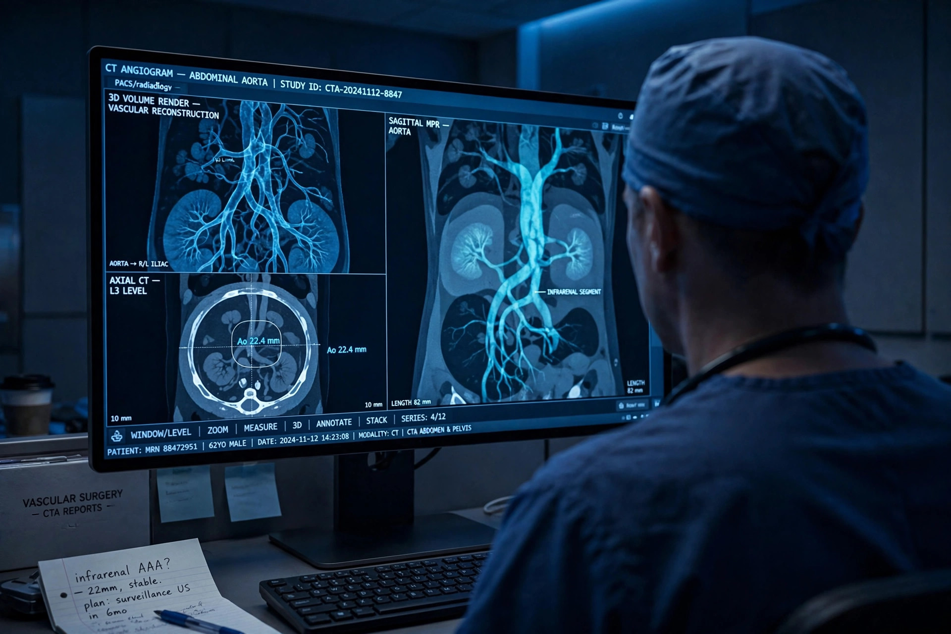 A surgeon reviewing a CT angiogram of the abdominal aorta (illustrative image)
