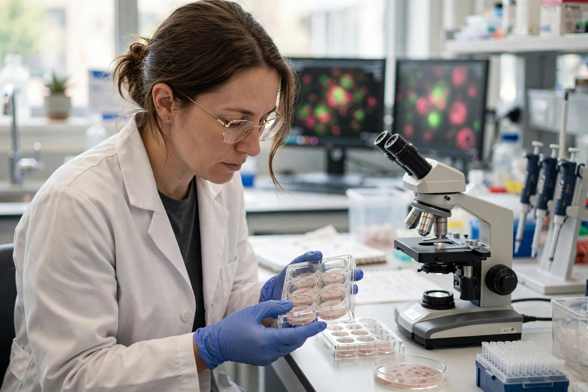 An oncology researcher in a bright laboratory reviewing lung cancer cell culture plates beside a microscope, monitors with cell images softly out of focus behind (illustrative image)