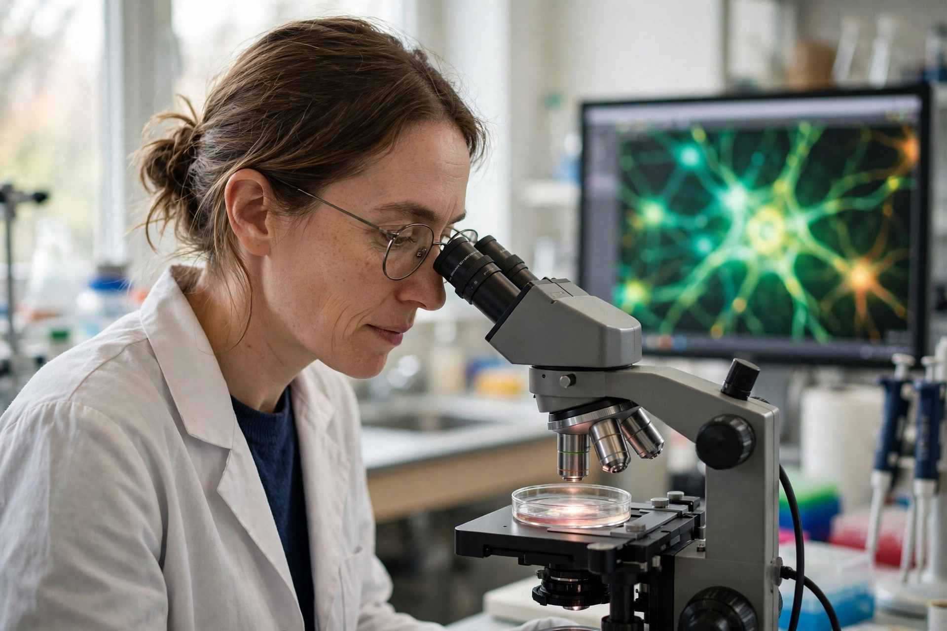 A neuroscientist in a bright laboratory examining cultured human neurons in a petri dish under a confocal microscope, neuron images on a monitor softly out of focus behind (illustrative image)