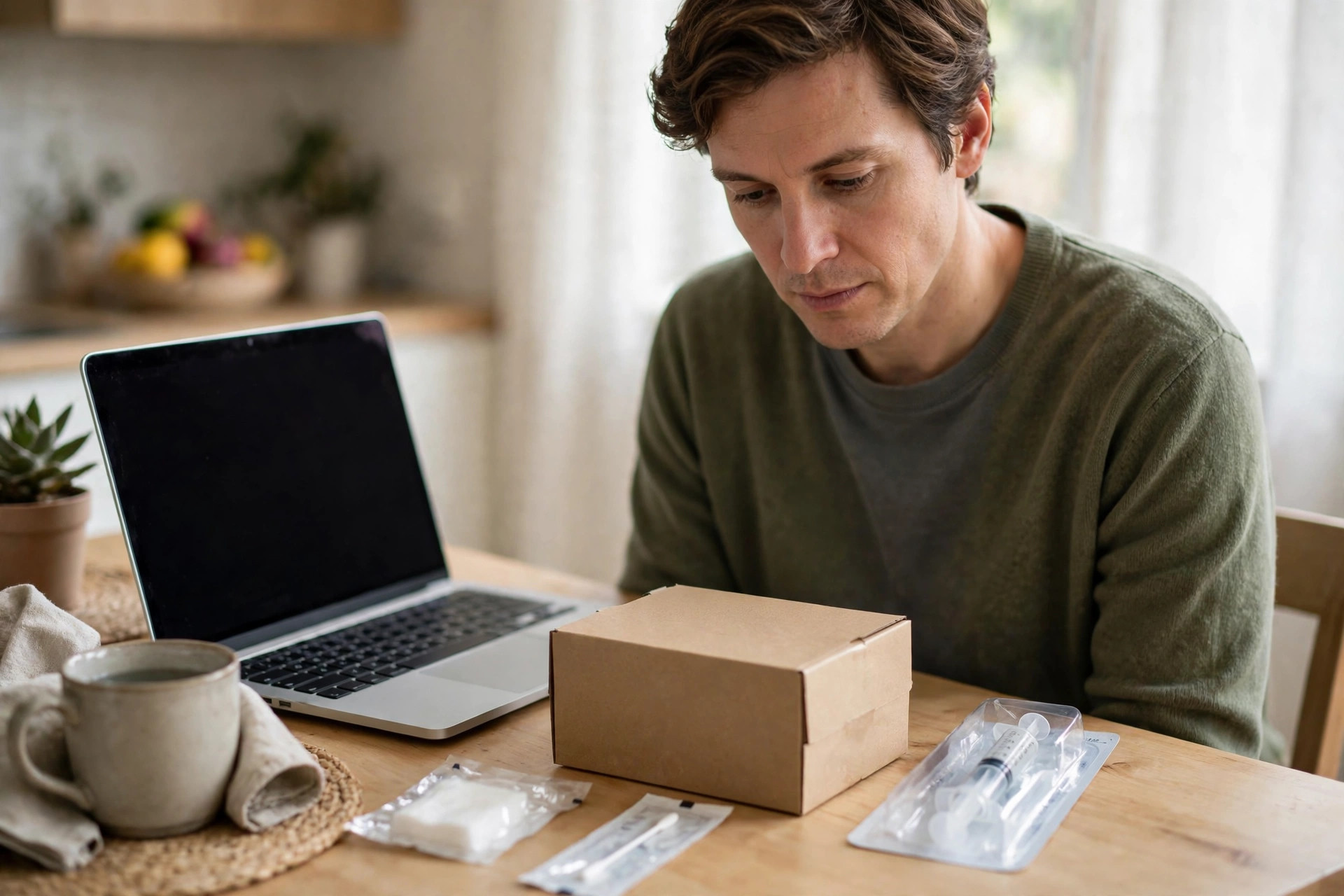 A person at a bright kitchen table looking thoughtfully at a plain unlabeled at-home injection kit box and syringe packaging, a laptop open nearby (illustrative image)