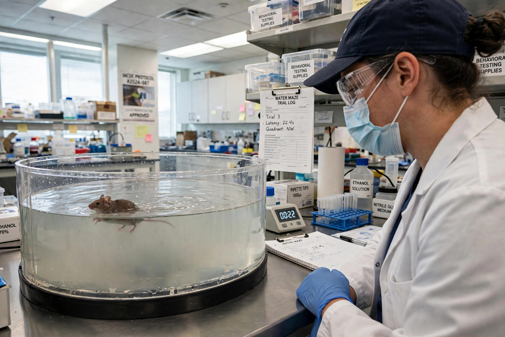 A researcher observing a laboratory mouse in a water maze behavioral test (illustrative image)