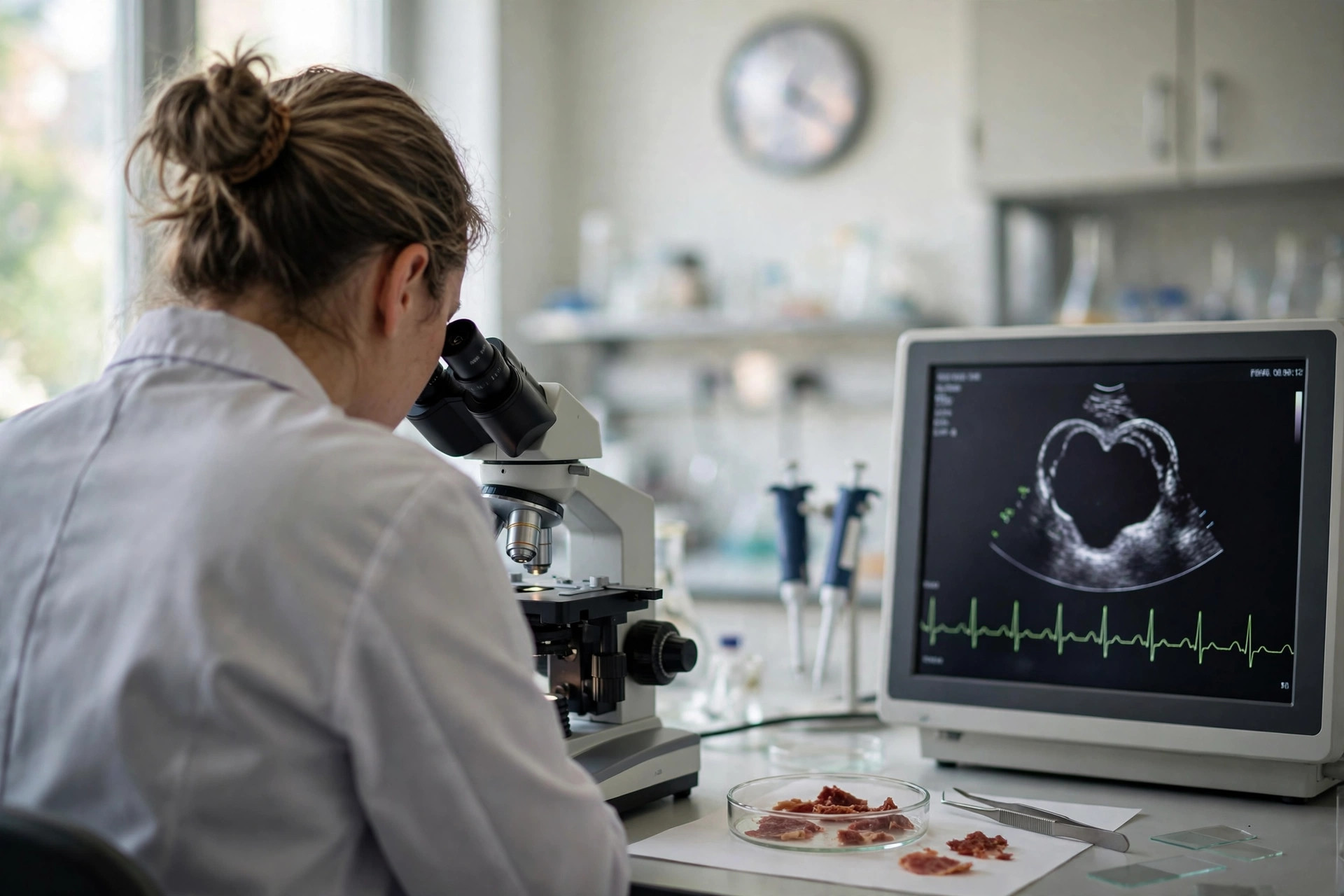 A cardiology researcher in a bright laboratory examining heart tissue samples beside an echocardiogram monitor, a wall clock softly out of focus behind (illustrative image)