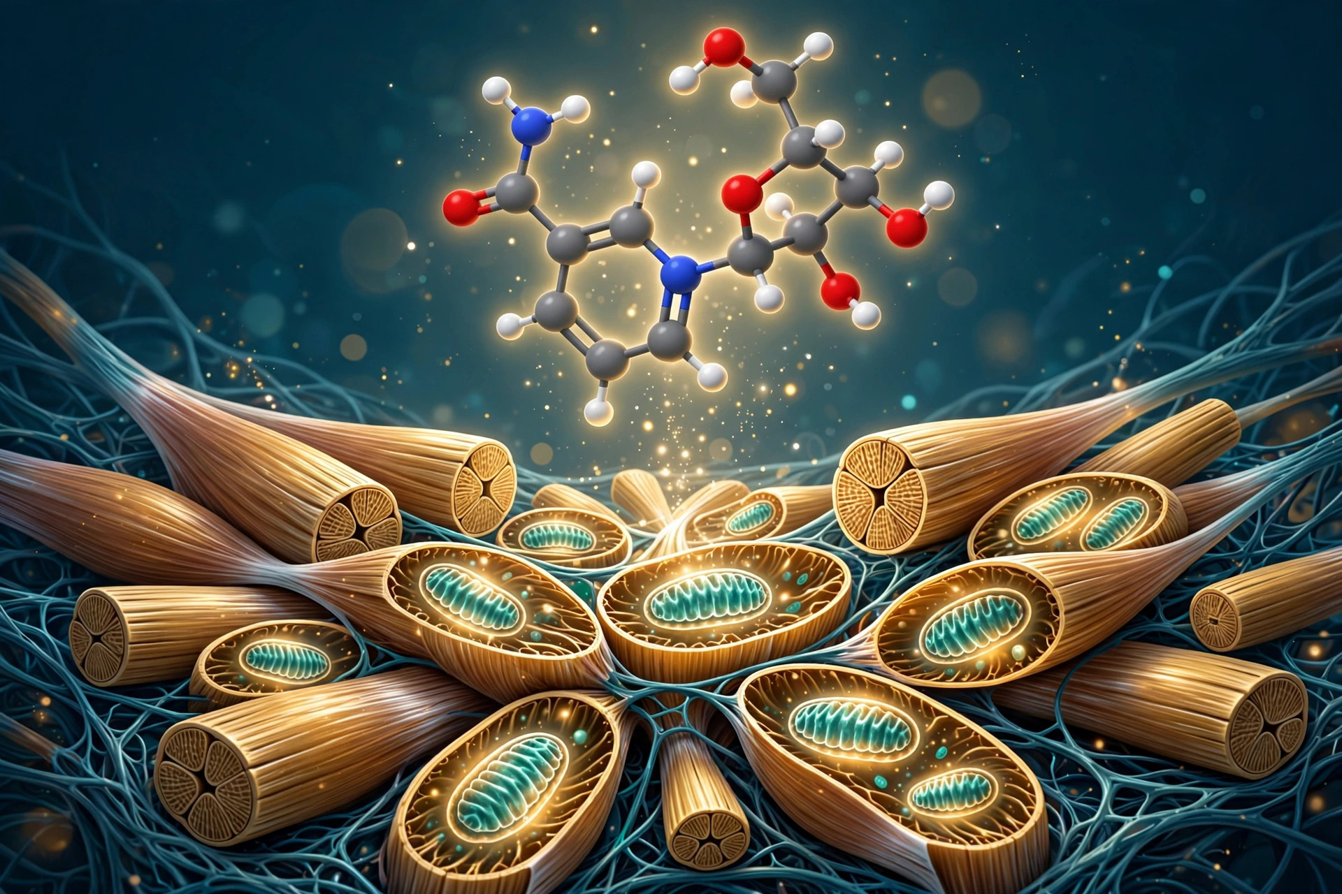 Editorial illustration of muscle tissue with glowing mitochondria and a nicotinamide riboside molecule