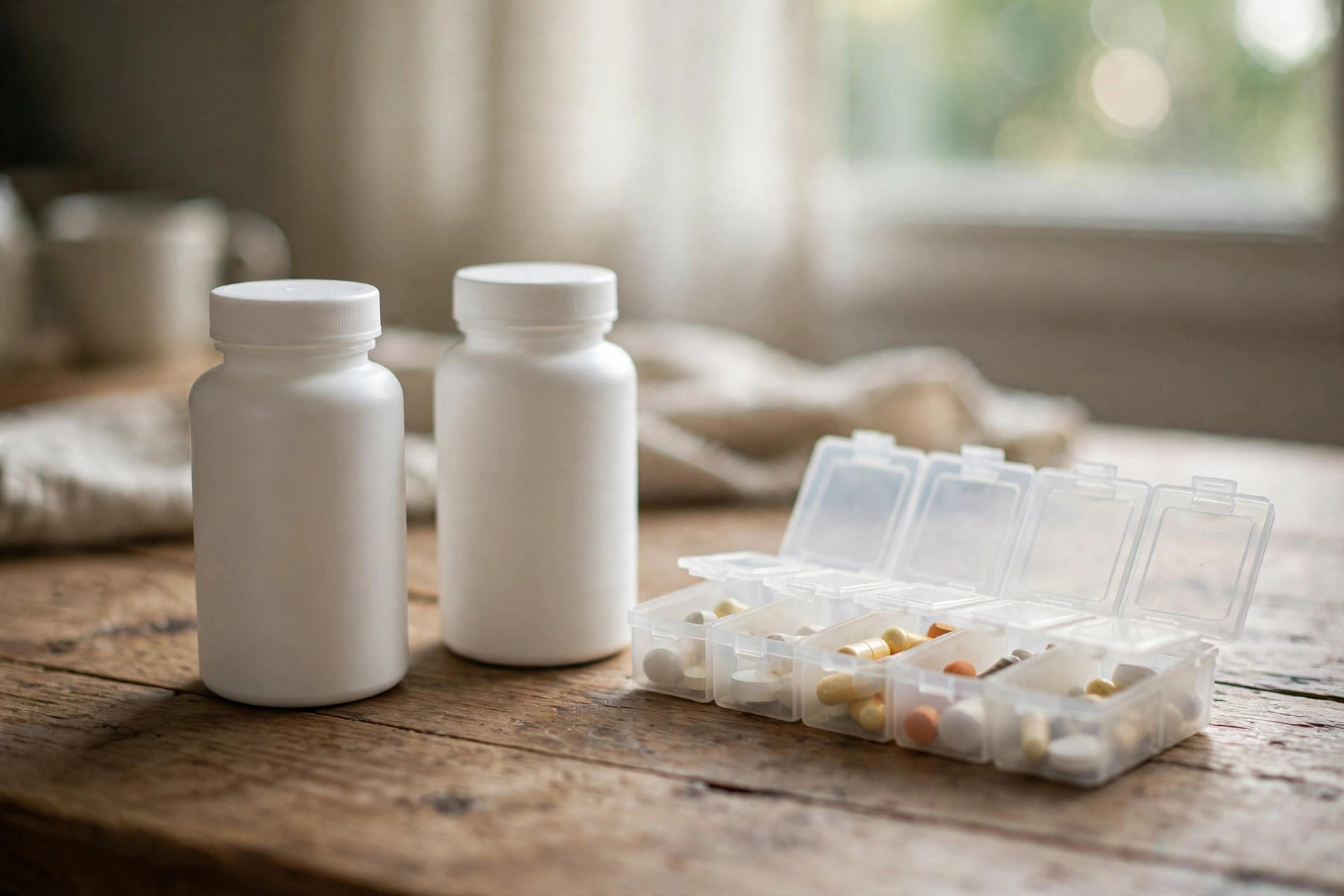 Plain clinical-trial medicine bottles and a weekly pill organizer on a wooden table in morning light (illustrative image)