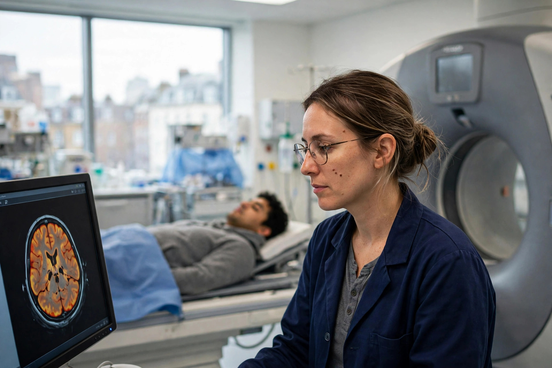 A clinical researcher in a bright hospital imaging suite beside a PET scanner reviewing a brain scan on a monitor, a study participant on the scanner bed softly out of focus behind (illustrative image)