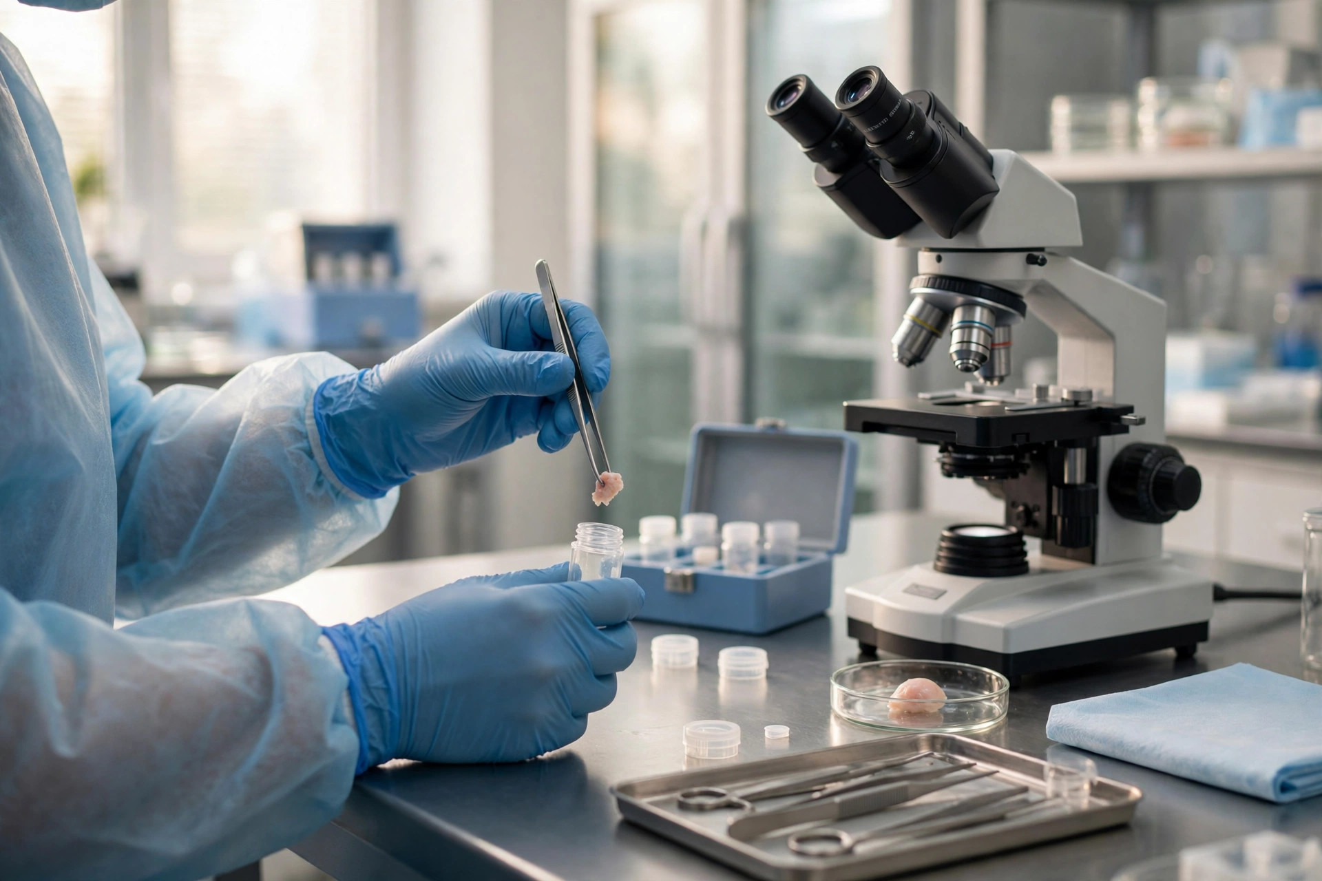 A gloved researcher in a bright fertility laboratory placing a small ovarian tissue sample into a cryopreservation vial beside a microscope, soft morning light (illustrative image)