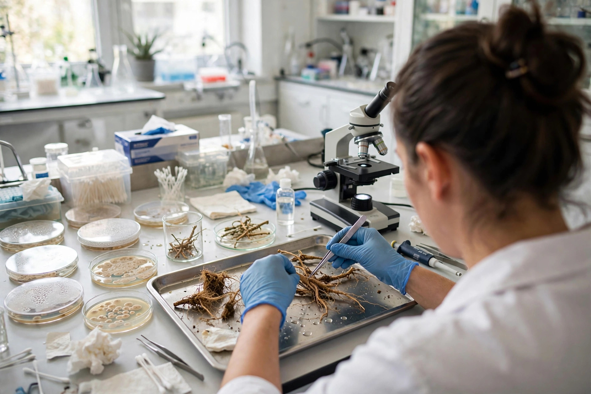 A wound-care researcher in a bright laboratory examining herbal plant roots on a bench beside cell culture dishes and a microscope (illustrative image)