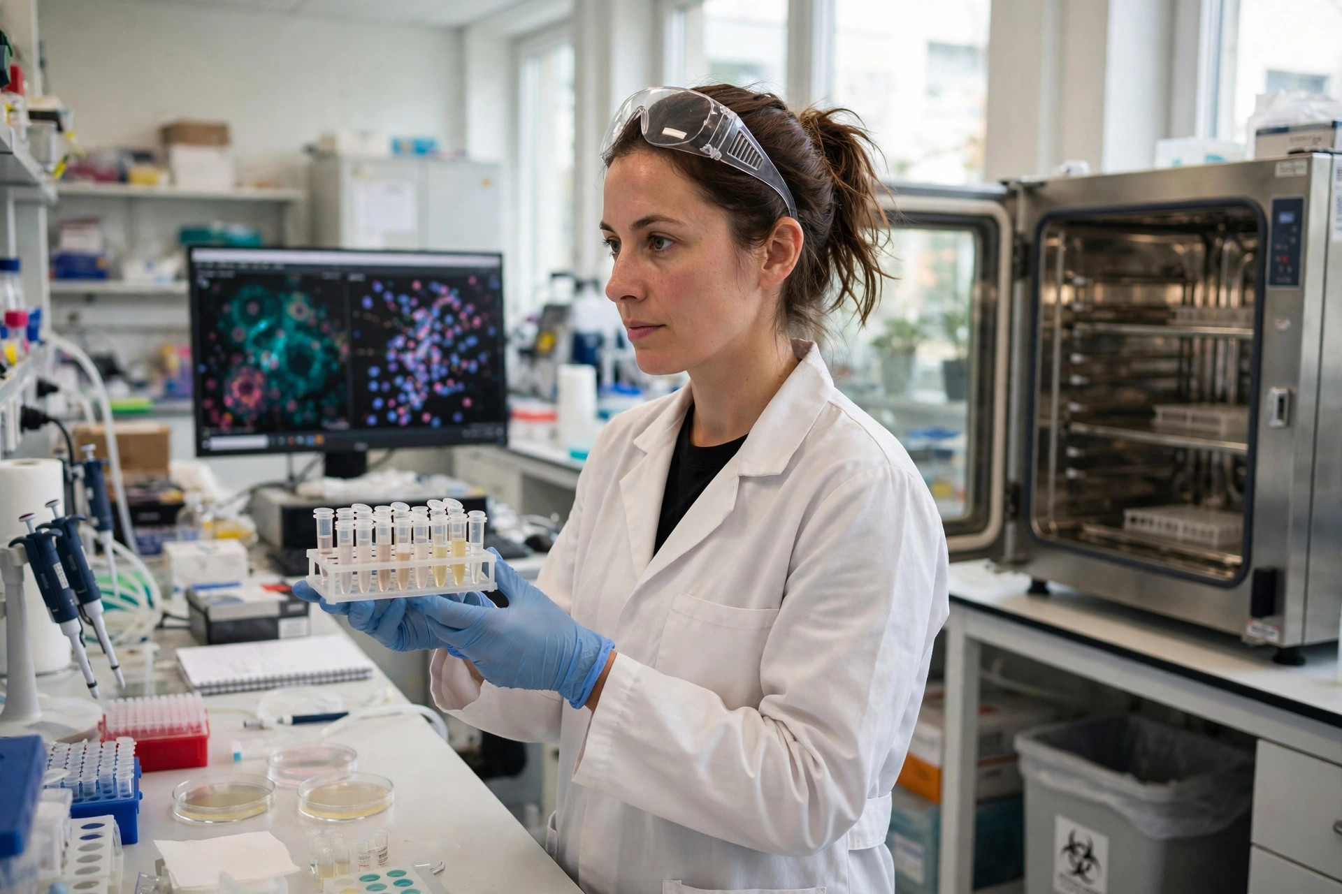 A researcher in a bright laboratory holding a rack of small sample tubes beside an incubator, with a monitor showing abstract cellular data behind her (illustrative image)