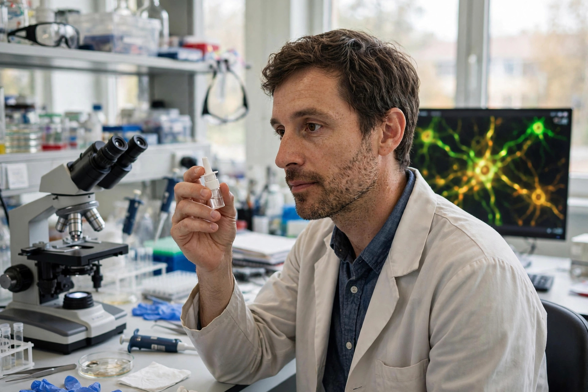 A neuroscience researcher in a bright laboratory holding a small nasal delivery research device beside a microscope, a monitor behind showing glowing neurons (illustrative image)