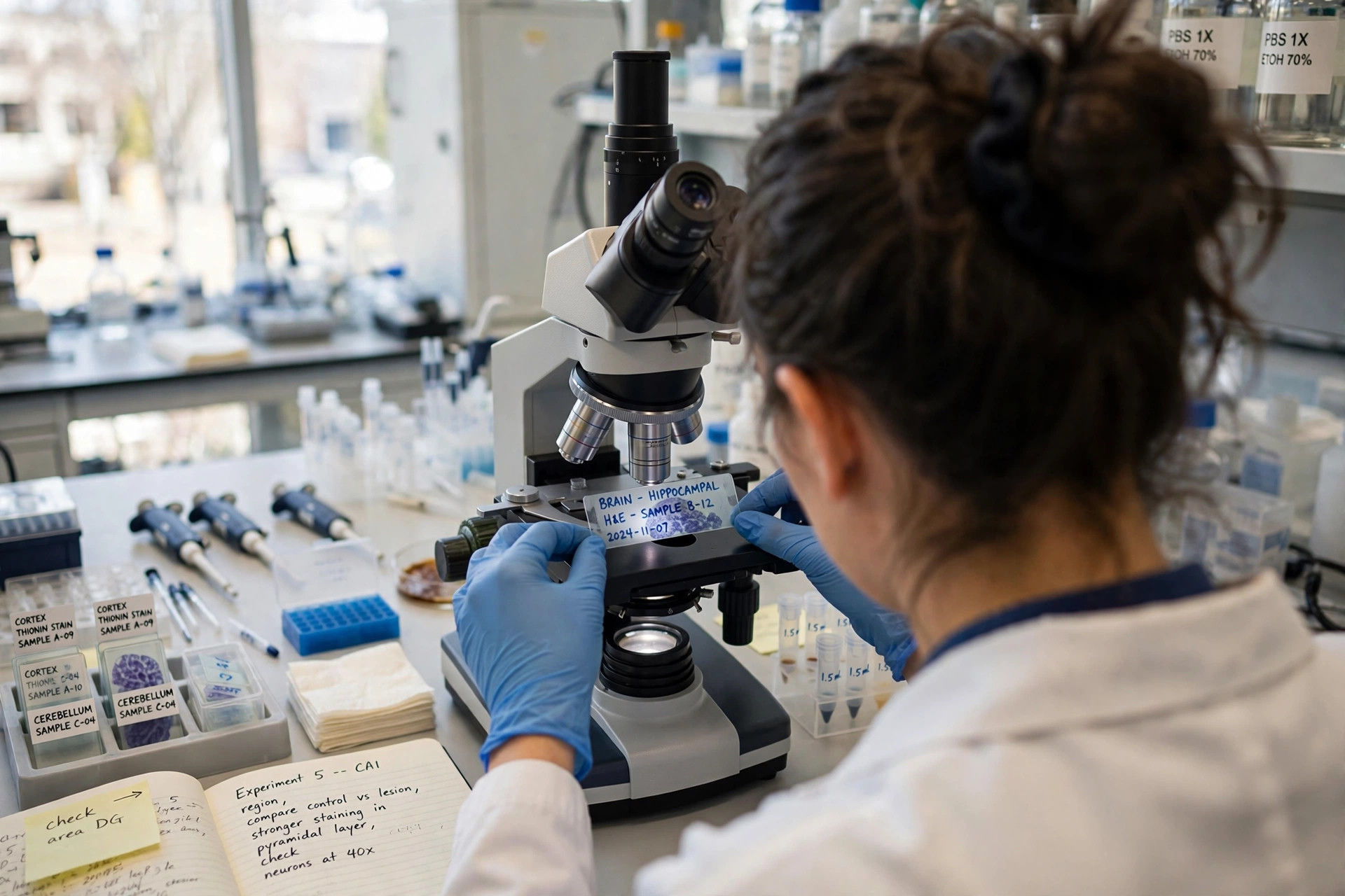 A neuroscience researcher examining brain tissue slides under a microscope in a bright lab (illustrative image)
