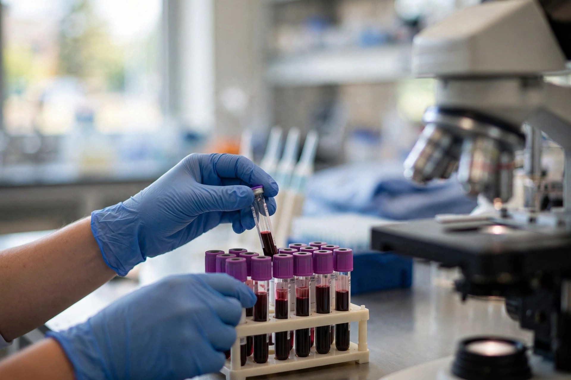 A researcher's gloved hands taking a small vial from a rack of blood sample tubes beside a microscope in a bright laboratory (illustrative image)