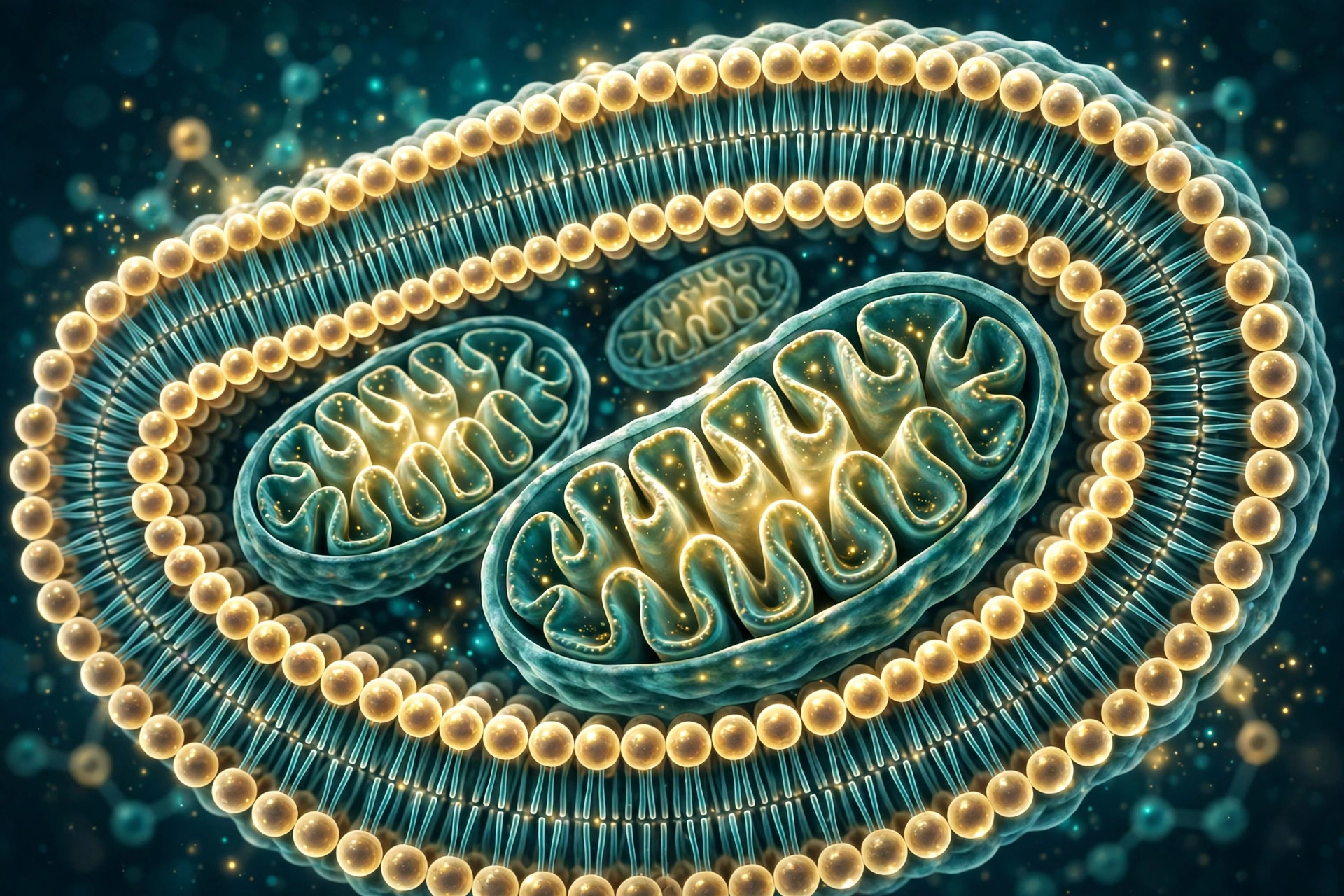 Editorial illustration of a phospholipid bilayer of phosphatidylcholine molecules wrapping healthy mitochondria
