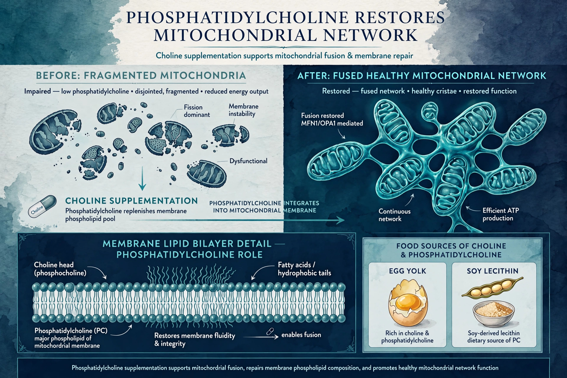 Editorial illustration of fragmented mitochondria becoming a fused healthy network after phosphatidylcholine restoration, membrane bilayer detail, egg yolk and soy lecithin inset