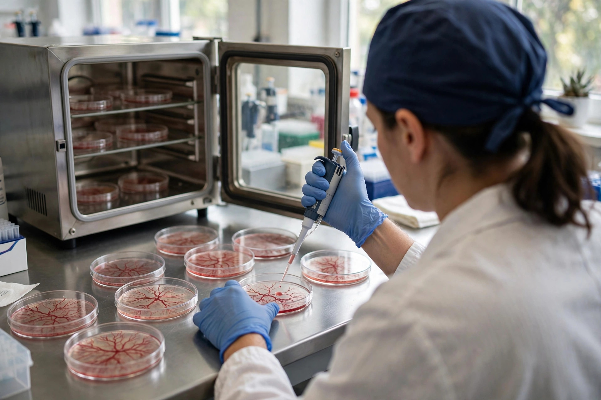 A researcher growing stem-cell-derived blood vessel cells in petri dishes inside a bright laboratory (illustrative image)