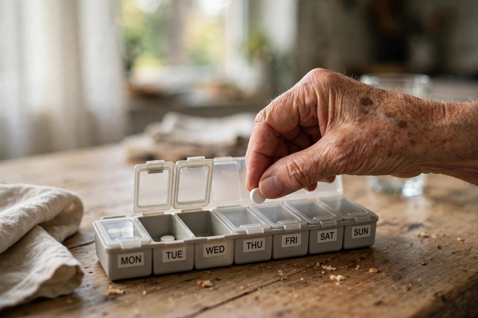 An older adult's hand placing a white tablet into a weekly pill organizer on a kitchen table in morning light (illustrative image)