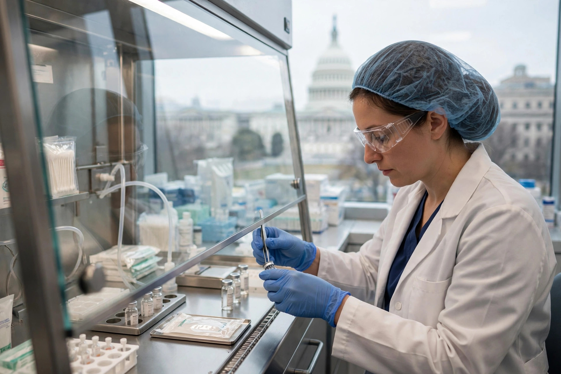A pharmacist in a bright modern compounding pharmacy preparing sterile vials behind glass (illustrative image)