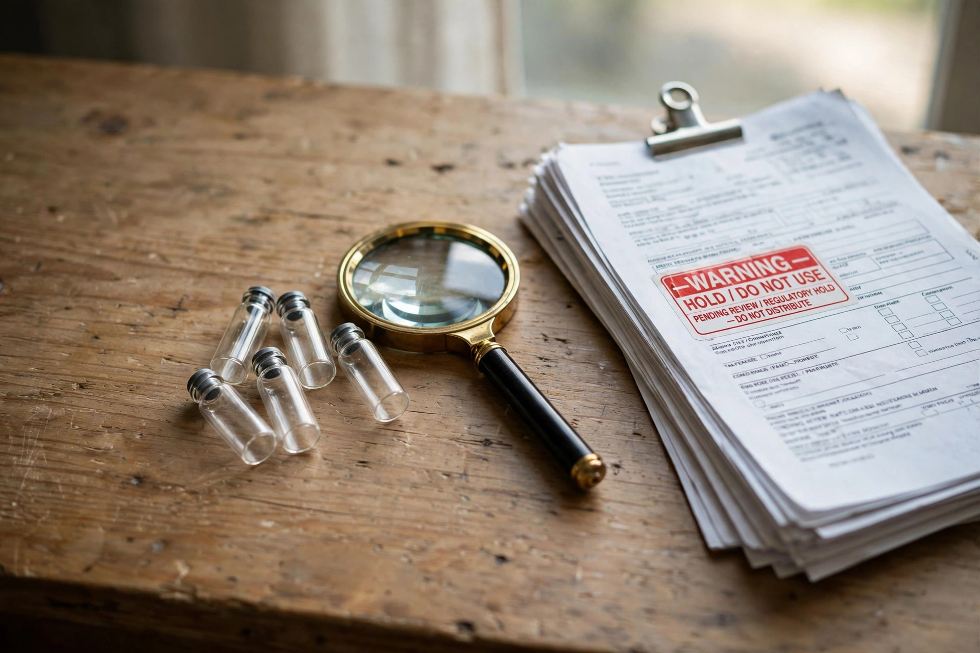 Small unlabeled glass vials and a magnifying glass on a wooden desk beside a clipboard of paperwork stamped with a red regulatory-hold warning (illustrative image)