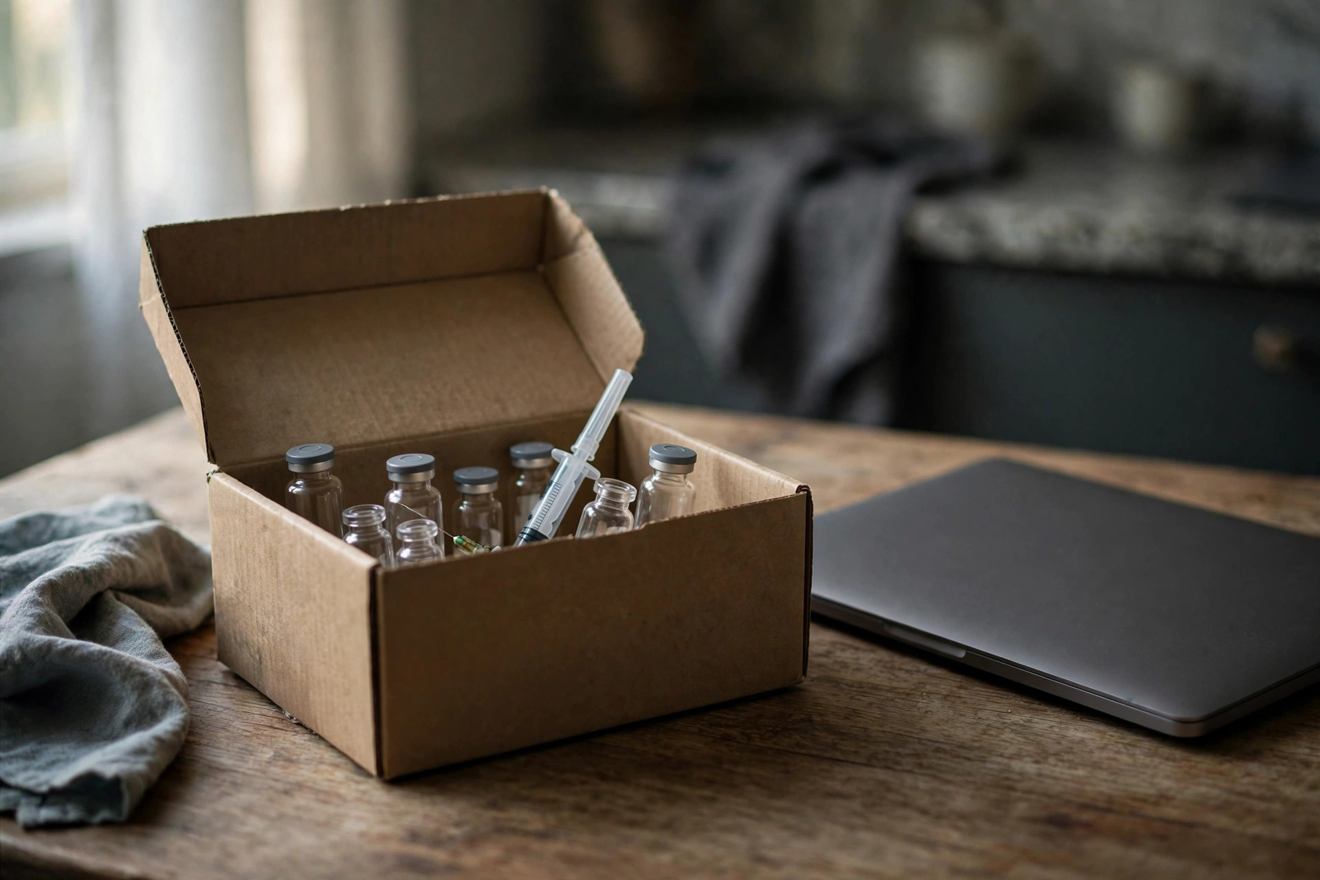 Small unlabeled glass vials and a syringe in a plain shipping box on a kitchen table beside a laptop in soft morning light (illustrative image)