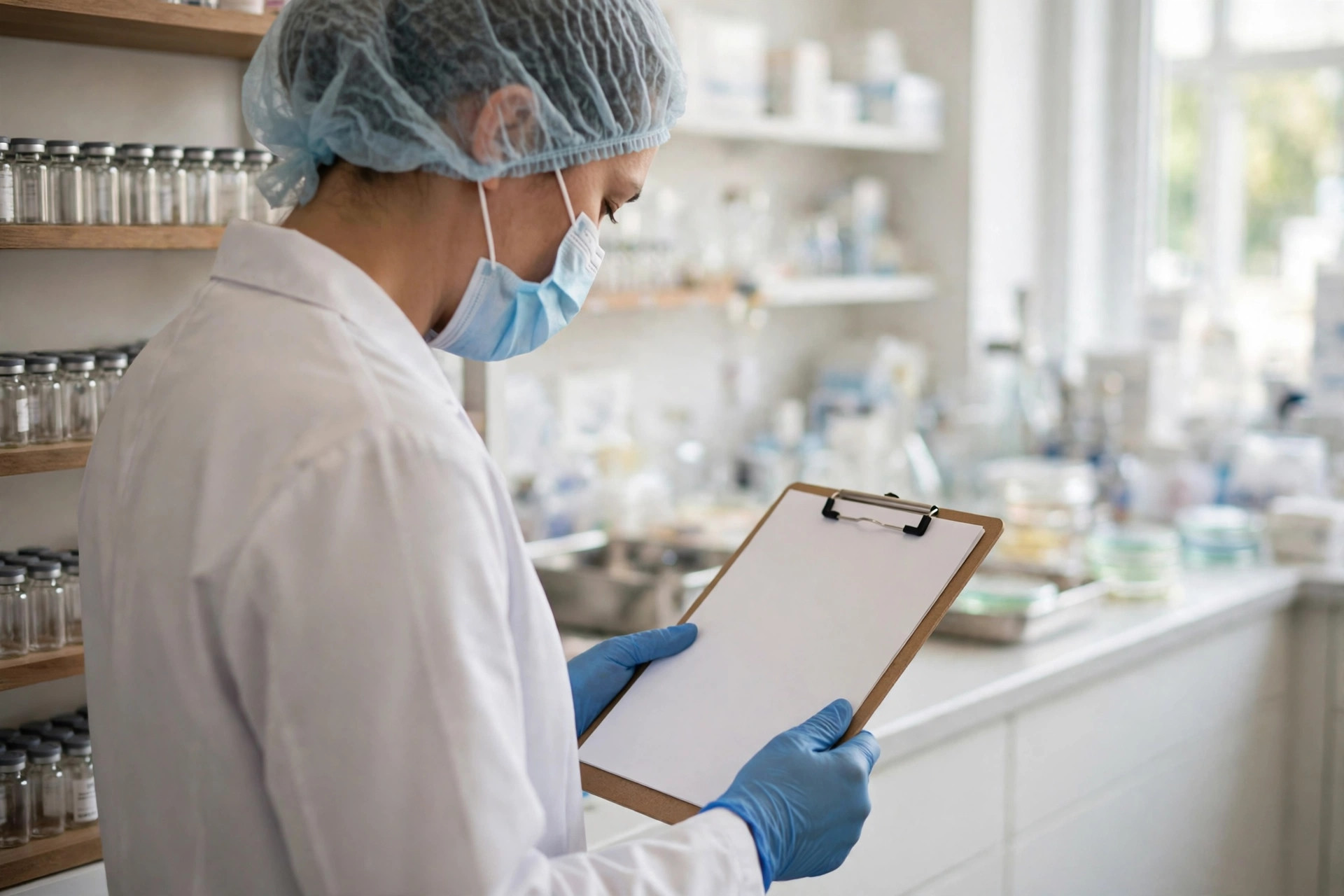A pharmacist in a bright compounding pharmacy holding a clipboard, shelves of plain unlabeled peptide vials softly out of focus behind (illustrative image)