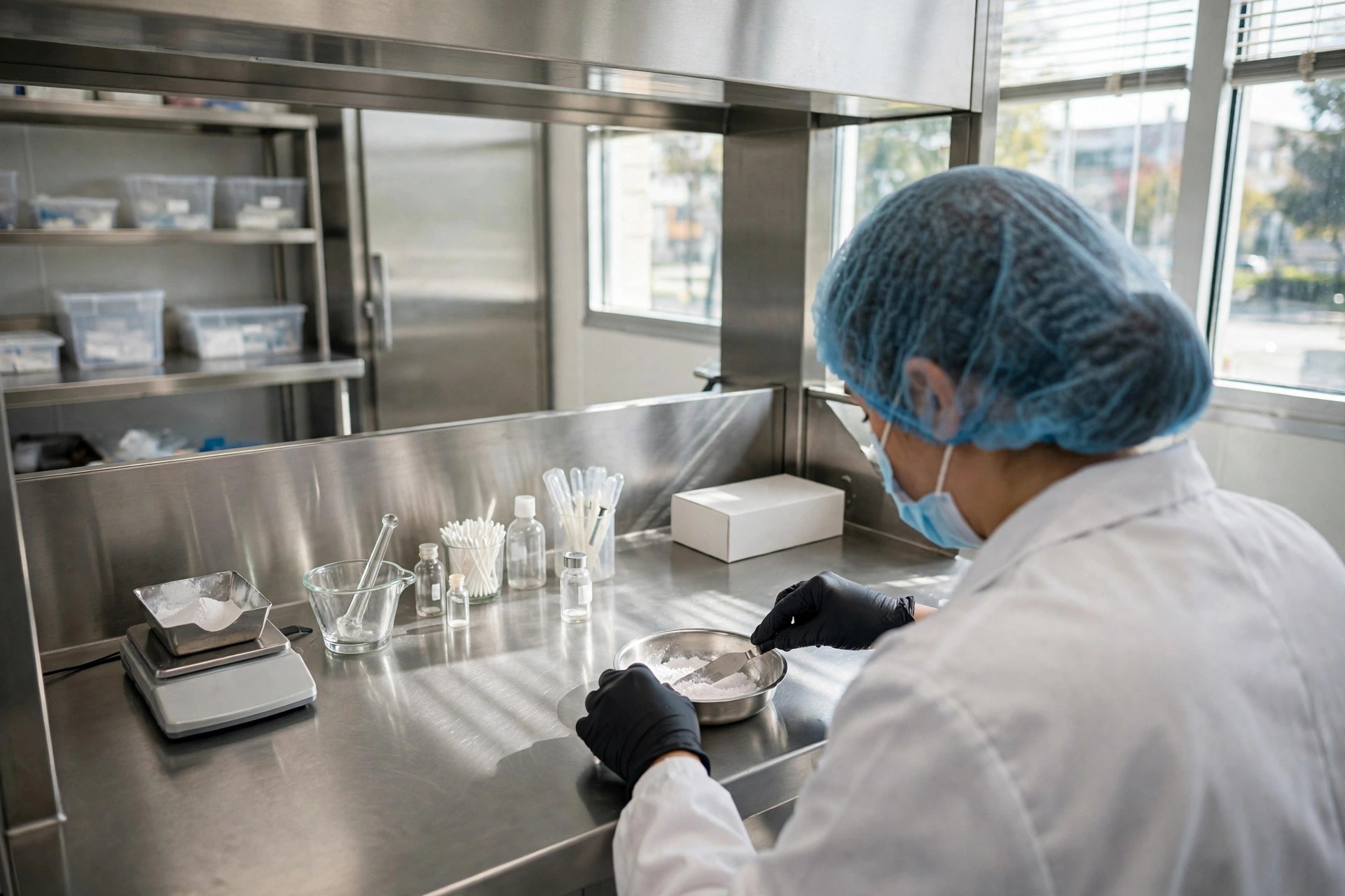 A licensed compounding pharmacy interior with a pharmacist in a white coat working at a stainless-steel cleanroom bench in natural daylight (illustrative image)