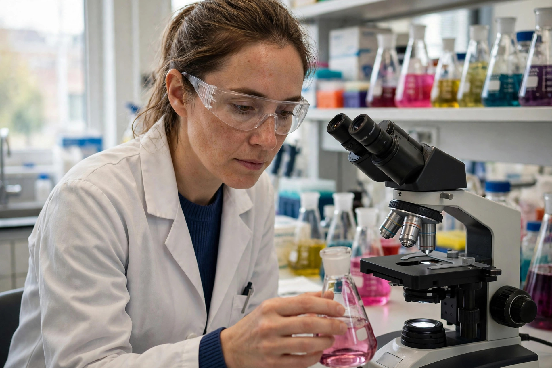 A cancer researcher in a bright laboratory examining cell culture flasks beside a fluorescence microscope, colorful culture media in the background (illustrative image)