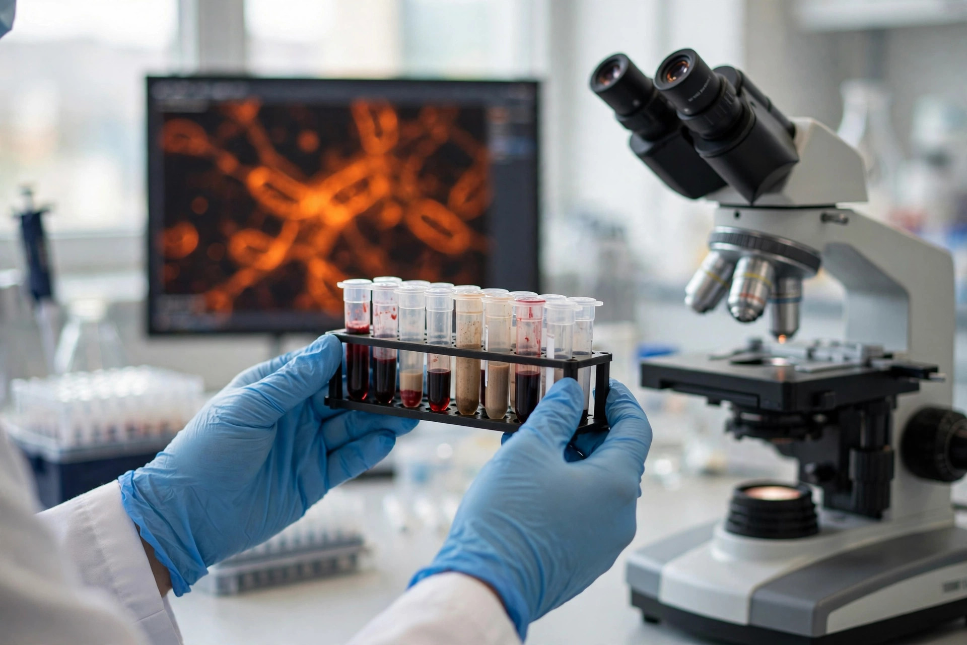 A hematology researcher's gloved hands holding a rack of blood and bone-marrow sample tubes beside a fluorescence microscope in a bright laboratory (illustrative image)