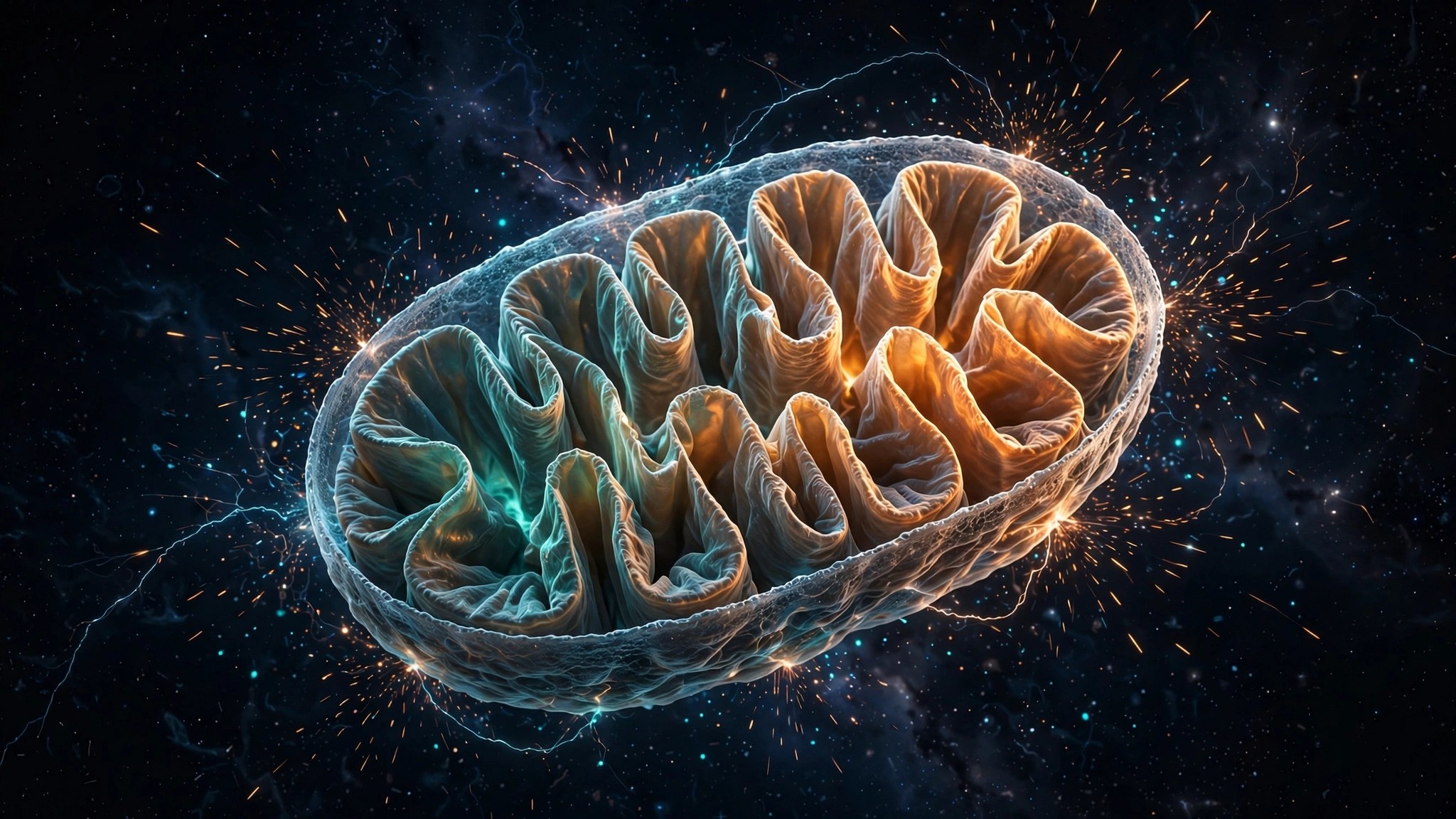 A glowing mitochondrion with folded inner membranes lit in amber and teal, floating in a starfield with sparks of electrons around it (illustrative image)