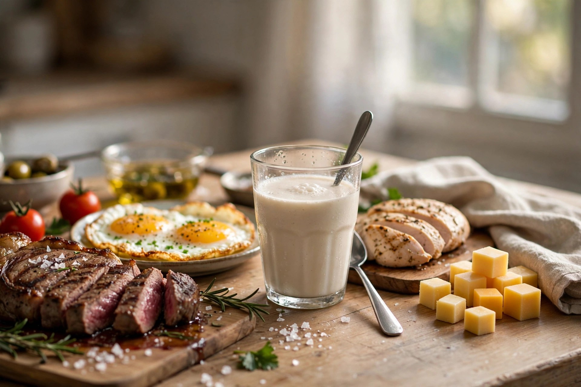 Photograph of high-protein foods — grilled steak, eggs, chicken, protein shake — on a kitchen counter in morning light; illustrative only.