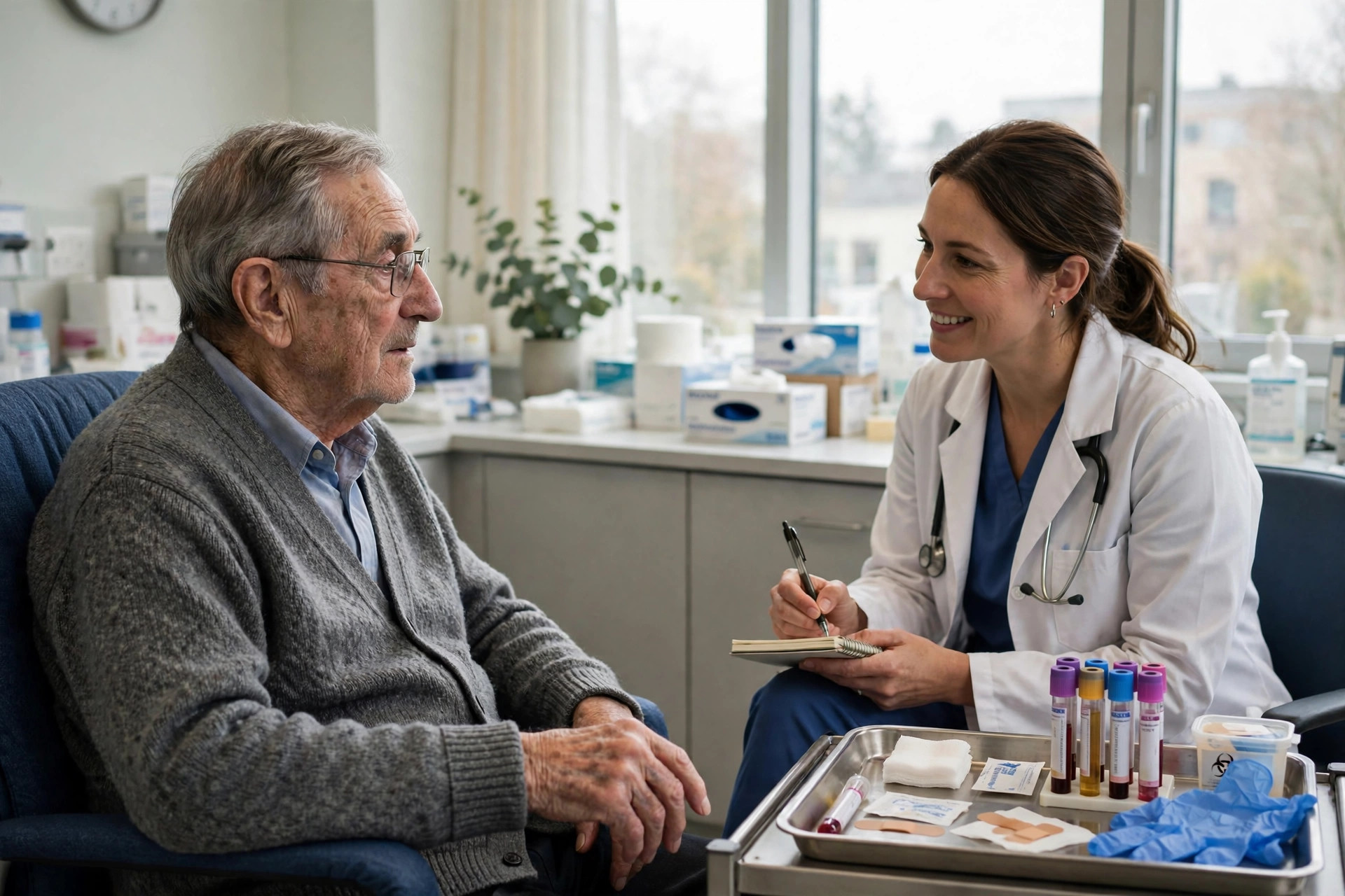 An older patient sitting in a calm, bright clinical research room talking with a clinician who is taking notes, blood-test tubes on a tray nearby (illustrative image)