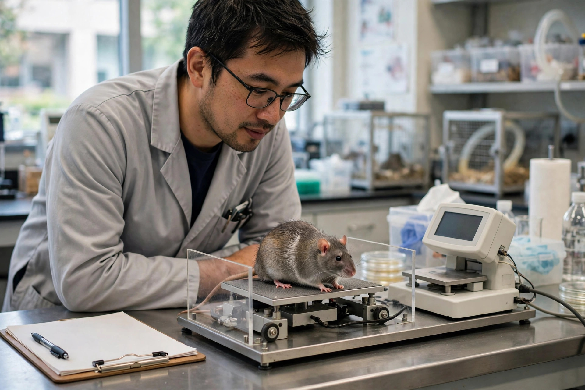 A researcher in a bright academic aging-research laboratory observing an elderly laboratory rat on a small motor-performance testing apparatus, a body-composition scanner nearby (illustrative image)