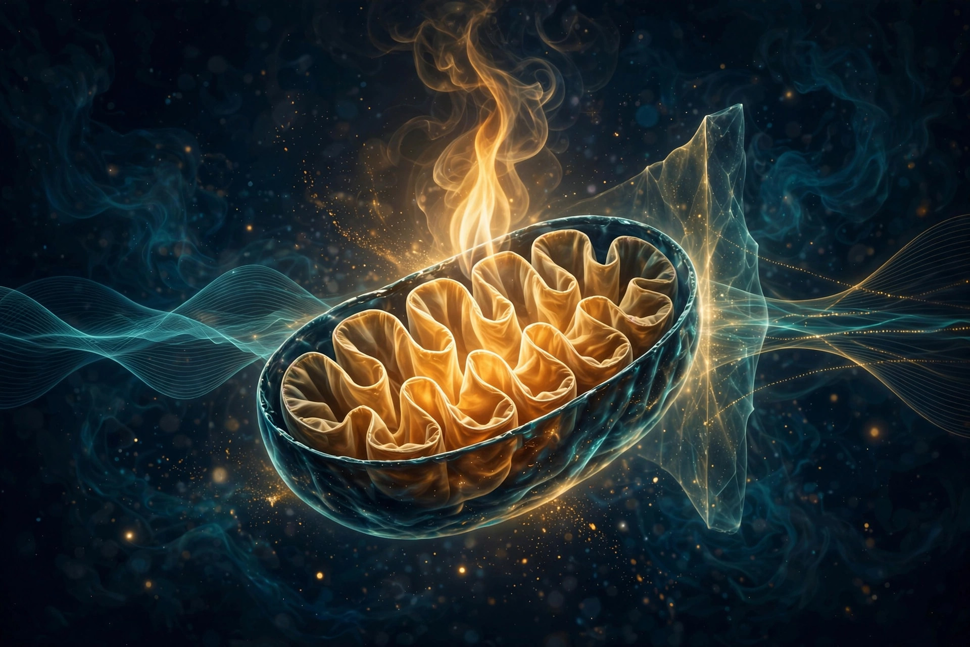 Custom illustration of a glowing mitochondrion rendered like a warm golden oil-lamp flame, its folded inner membranes lit amber against deep navy darkness, with teal quantum waves passing through an energy barrier and gold stardust drifting around it.