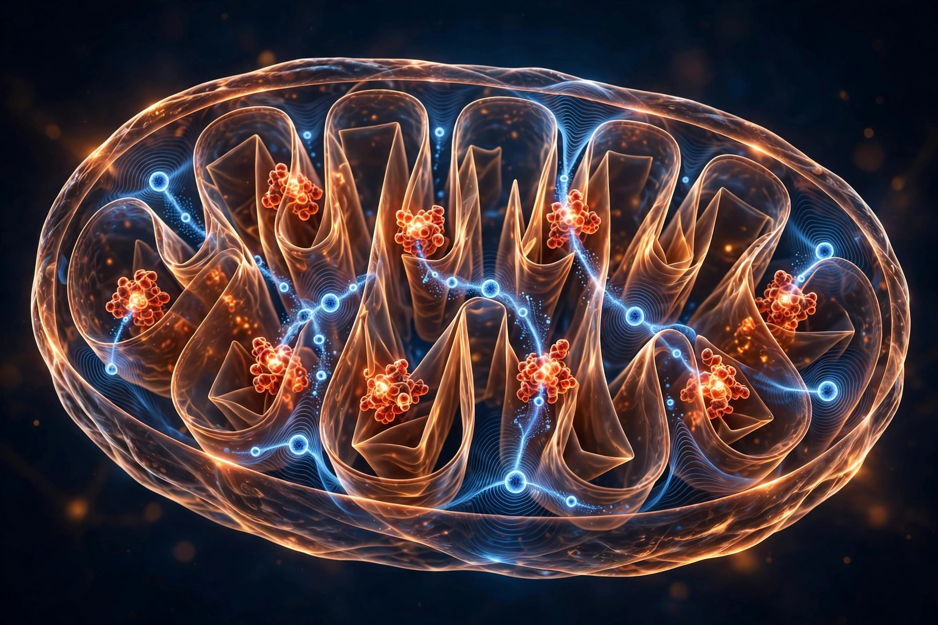 Custom illustration of a glowing mitochondrion with electrons tunneling as waves between redox clusters along its inner membranes.