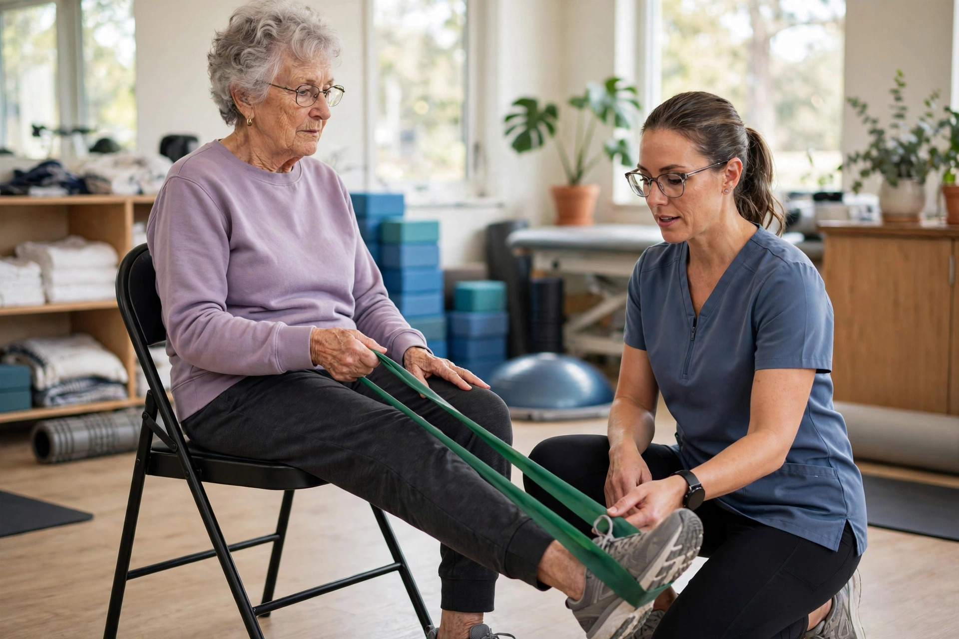 A physical therapist guiding an older adult through a seated resistance-band exercise in a bright rehabilitation gym (illustrative image)